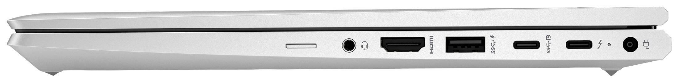 Ein Laptop seitlich gezeigt, mit Anschlüssen wie HDMI, USB, und Audiobuchsen. Das schlanke Design ist erkennbar.