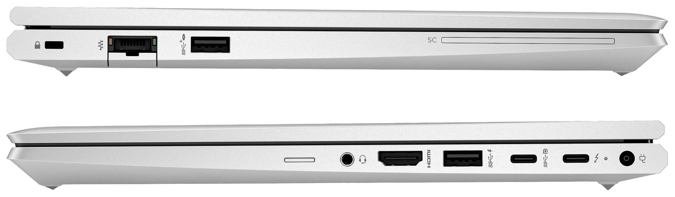 Zwei Laptops von der Seite, zeigen Anschlüsse: oben RJ-45 und USB, unten HDMI und USB-C. Jeweils silberne Farbe und schlankes Design.