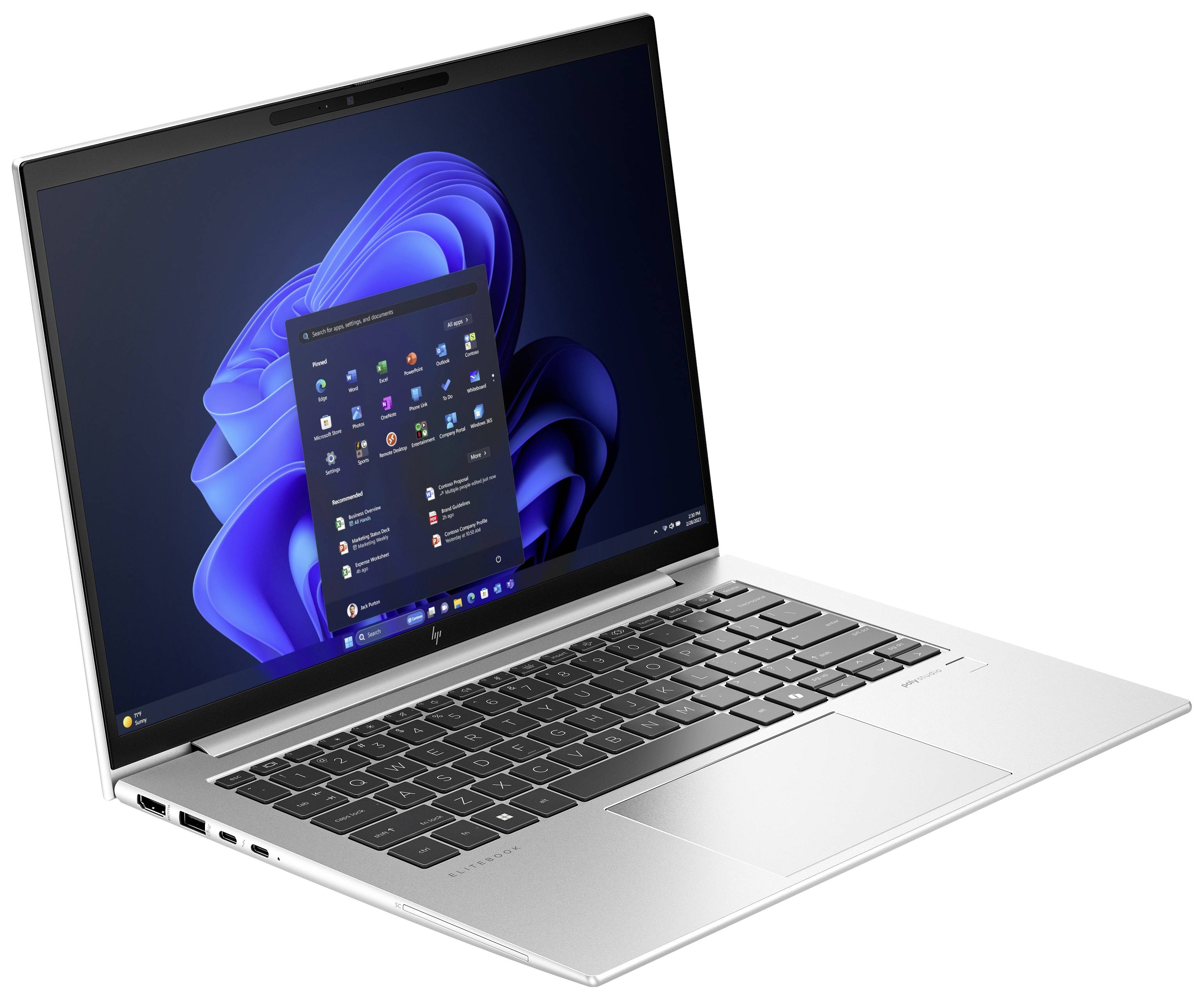 Ein silberner Laptop, geöffnet mit einem 15-Zoll-Bildschirm, zeigt den Windows 11-Startbildschirm mit Icons und Taskleiste.