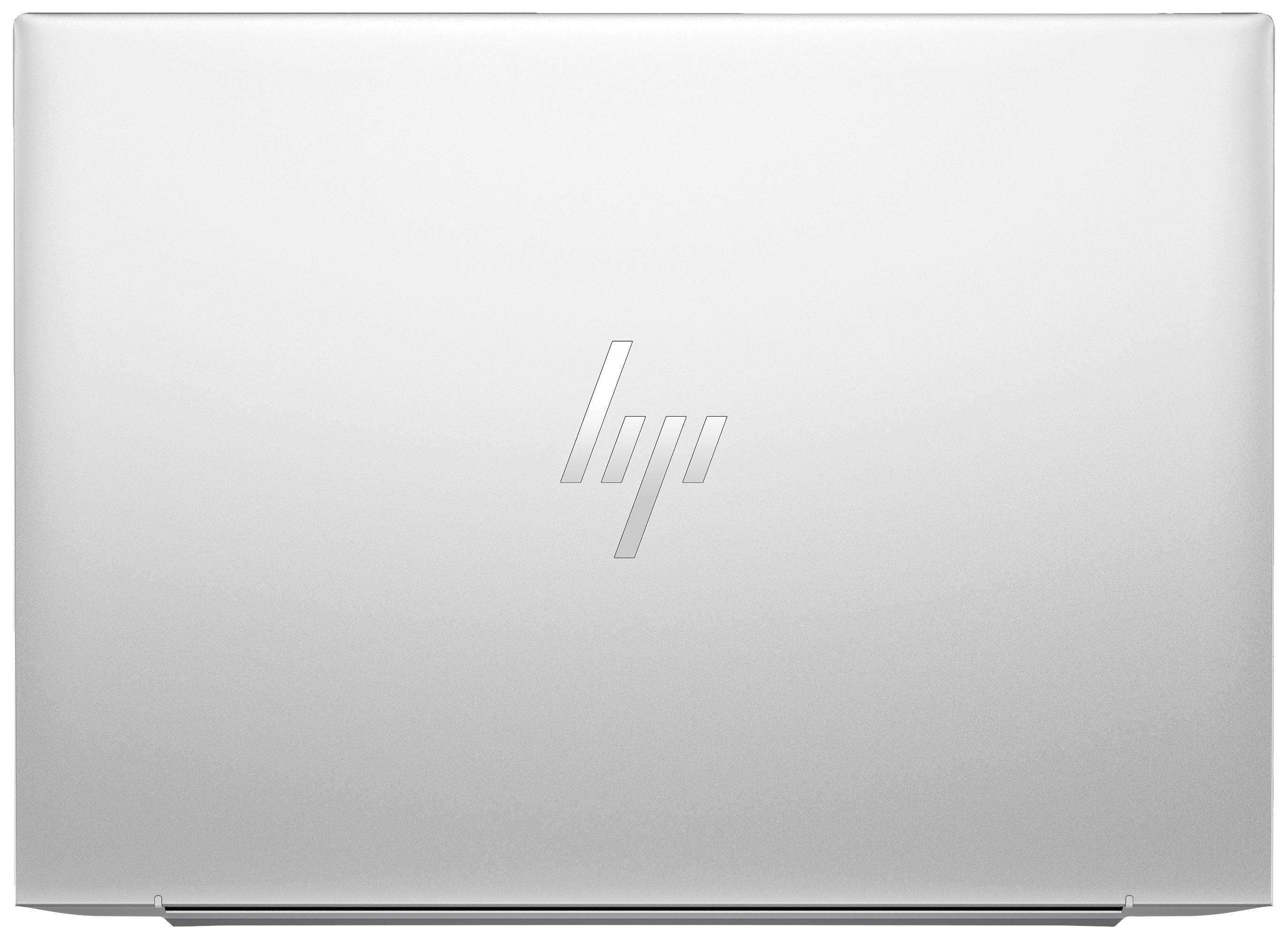 Ein silberner Laptopdeckel mit einem eingravierten, stilisierten 'HP'-Logo in der Mitte.