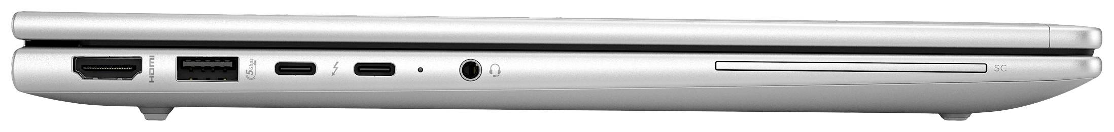 Seitenansicht eines Laptops mit verschiedenen Anschlüssen, darunter USB, HDMI und Kopfhöreranschluss.