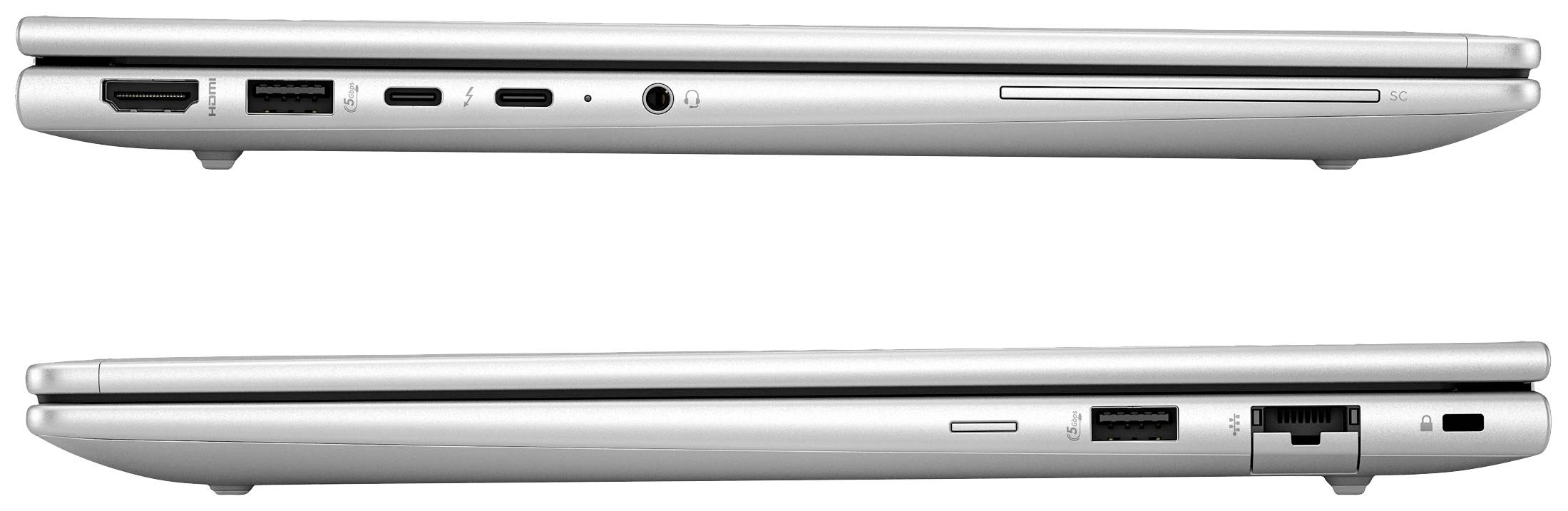 Zwei Laptops von der Seite gezeigt, obere Ansicht mit HDMI-, USB- und Audioanschlüssen, untere mit Ethernet- und USB-Anschlüssen.