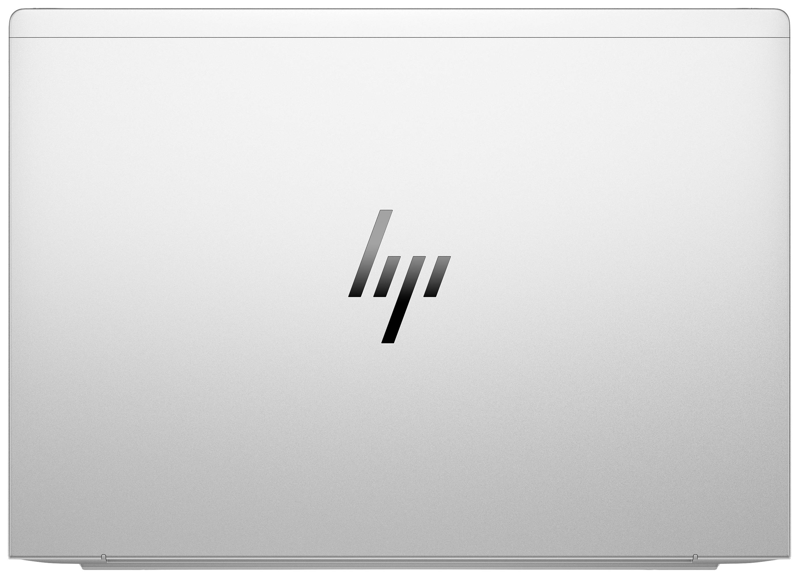 Silberne Laptopabdeckung mit dem HP-Logo in der Mitte.