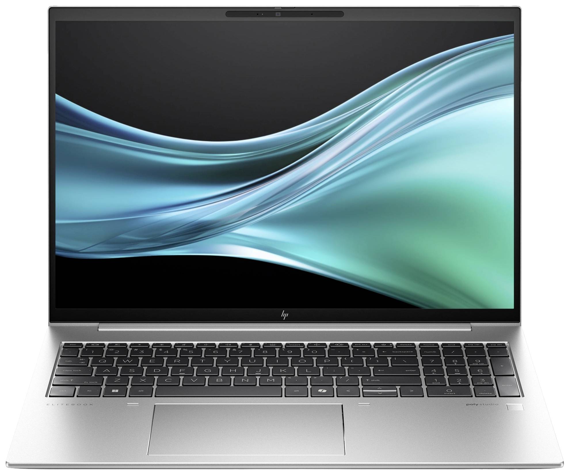 Ein moderner Laptop mit einem großen Bildschirm und schlankem Design. Der Bildschirm zeigt eine abstrakte, wellenförmige Grafik.