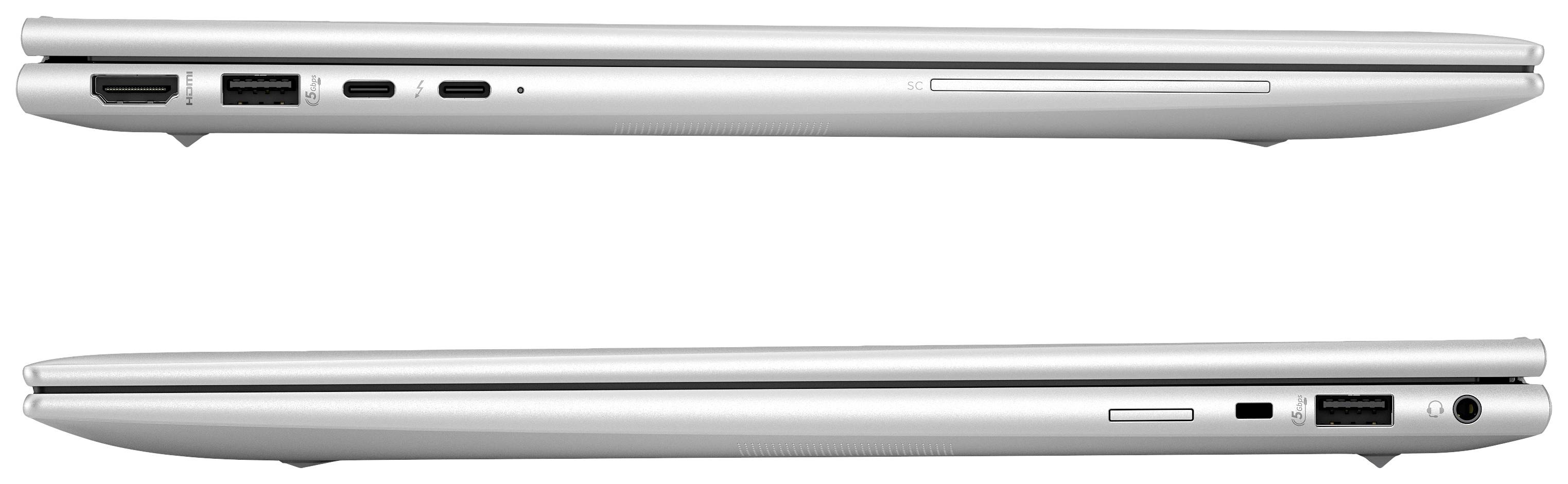 Zwei geschlossene, silberne Laptops werden von der Seite gezeigt. Der obere Laptop hat mehr Anschlussmöglichkeiten als der untere.