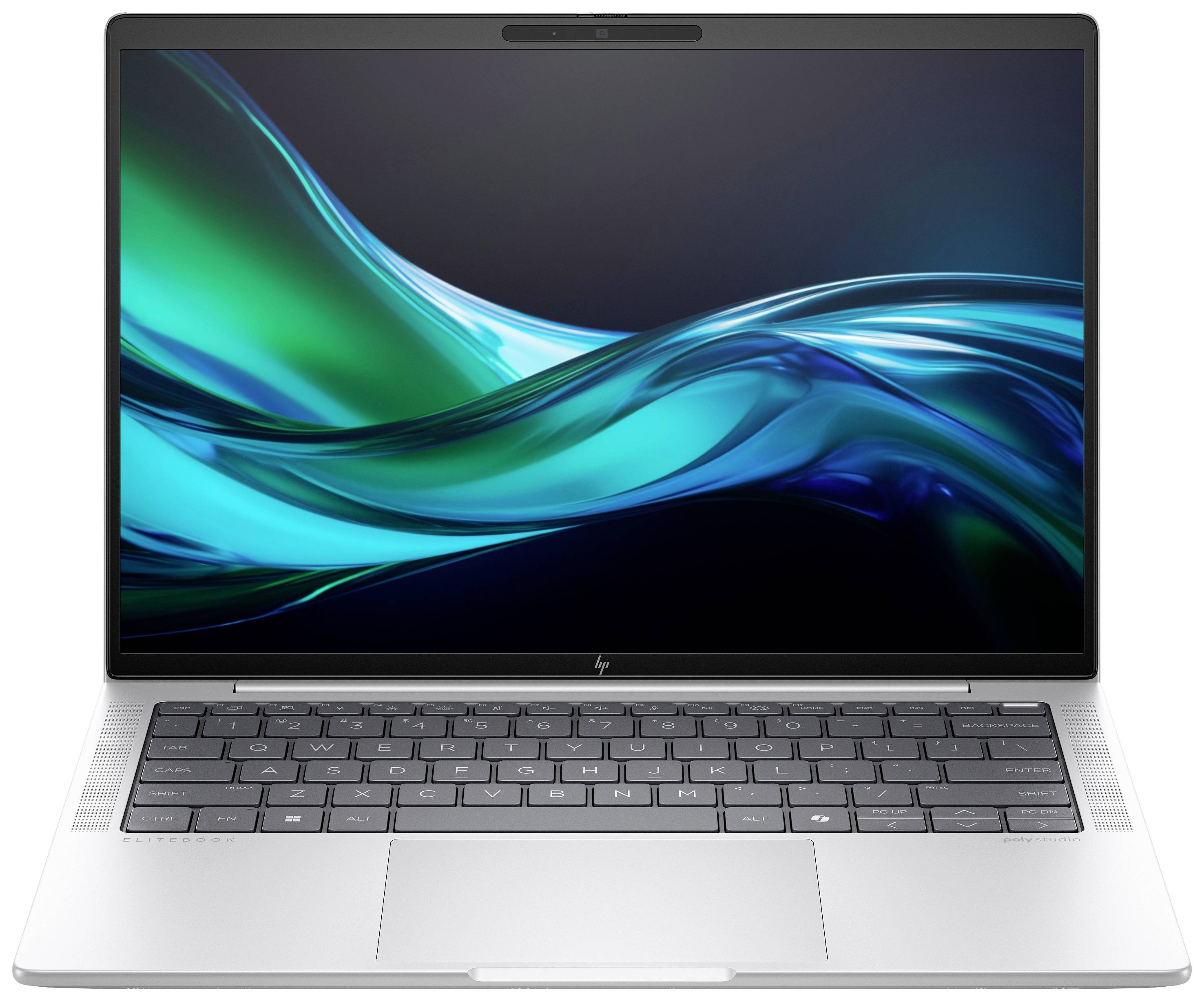 Ein silberner Laptop mit beleuchtetem Bildschirm zeigt ein abstraktes blau-grünes Wellenmuster. Die Beleuchtung der Tastatur ist sichtbar.