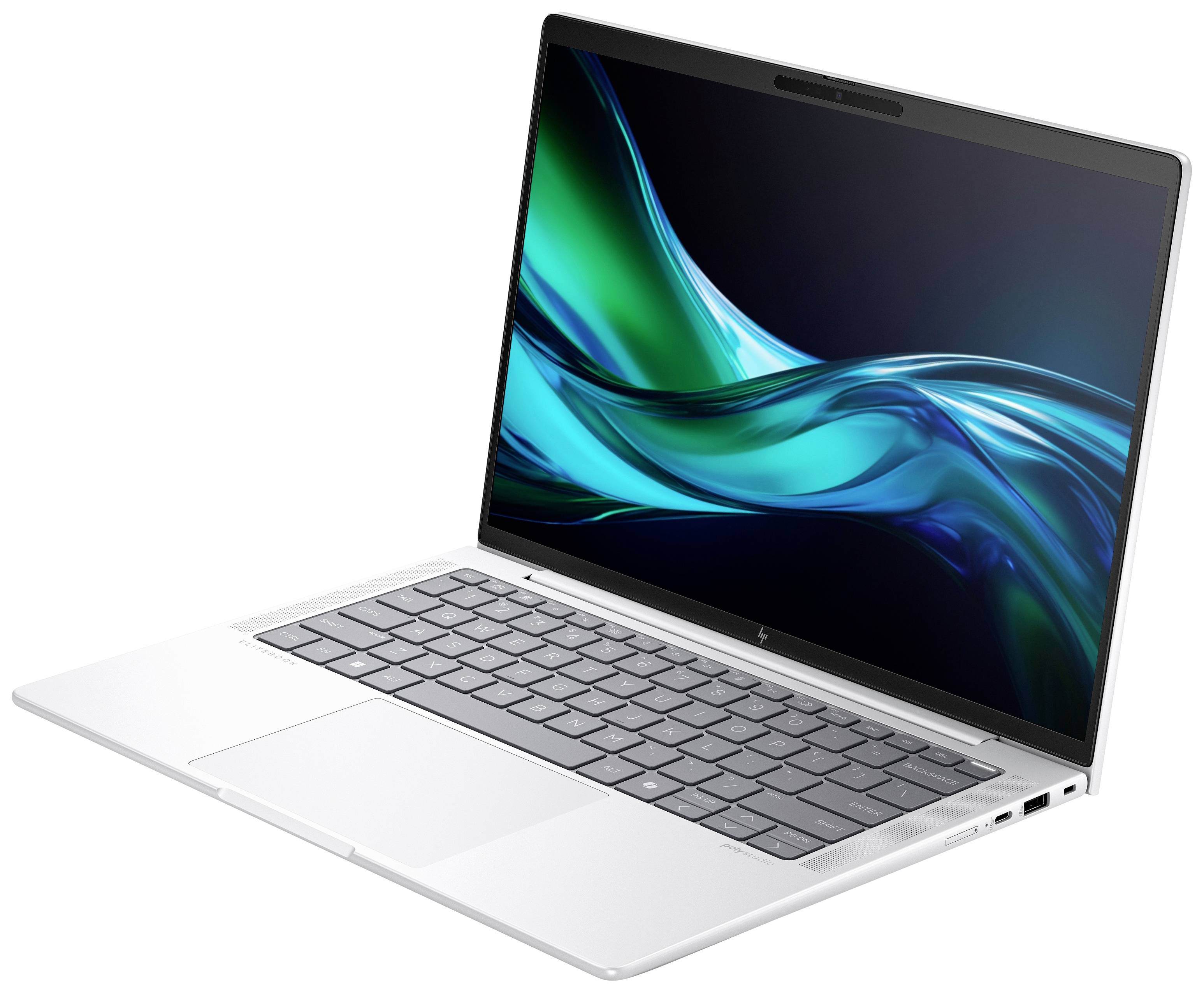Ein silberner Laptop mit schwarzem Bildschirm zeigt eine dynamische grün-blaue Grafik. Das Gerät ist leicht angewinkelt dargestellt.