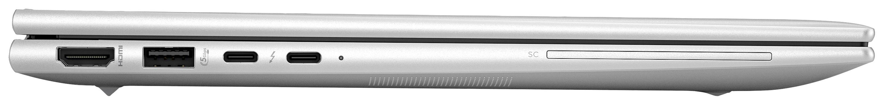 Seitenansicht eines geschlossenen Laptops, die Anschlüsse und ein optisches Laufwerk zeigt, vor einem weißen Hintergrund.