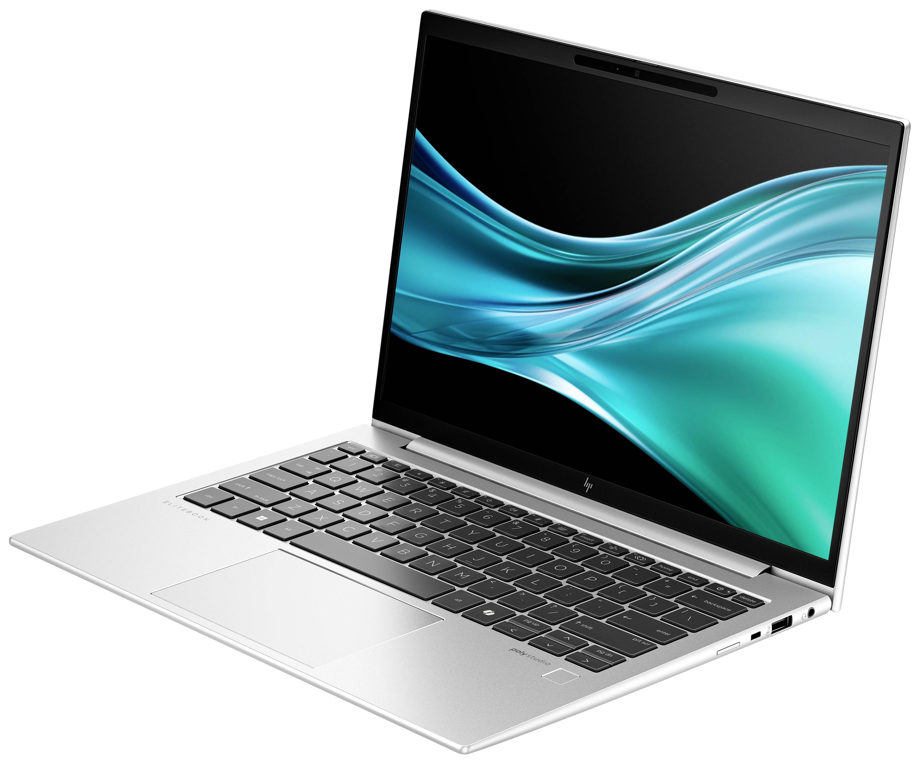 Silberner Laptop, aufgeklappt, zeigt einen Bildschirm mit einem abstrahierten, wellenförmigen, türkisfarbenen Hintergrundmuster.
