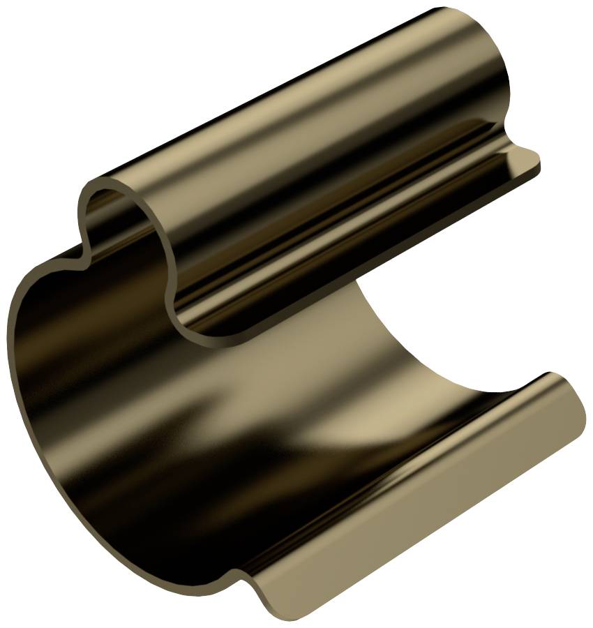 Metallisch aussehendes, gebogenes Bauteil, das eine abgerundete, rohe Oberfläche aufweist. Mögliche Verwendung als Rohrverbinder.