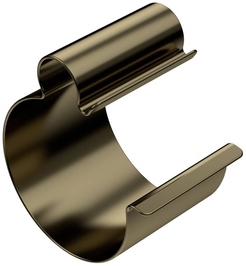 Metallklammer, zylindrische Form, dunkelbraune Farbe. Verwendet zur Befestigung oder Halterung von zylindrischen Objekten.