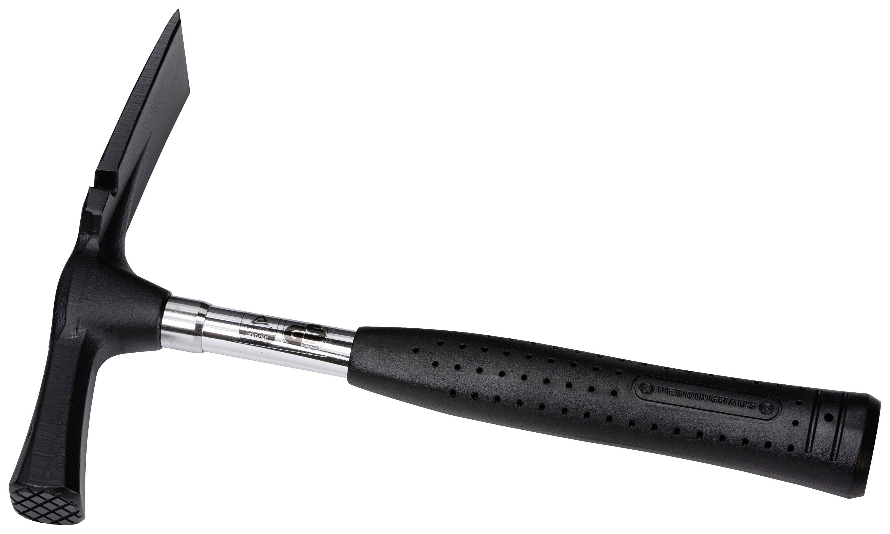Ein schwarzer Geologiehammer mit Metallkopf und gummiertem Griff liegt diagonal auf einem weißen Hintergrund.