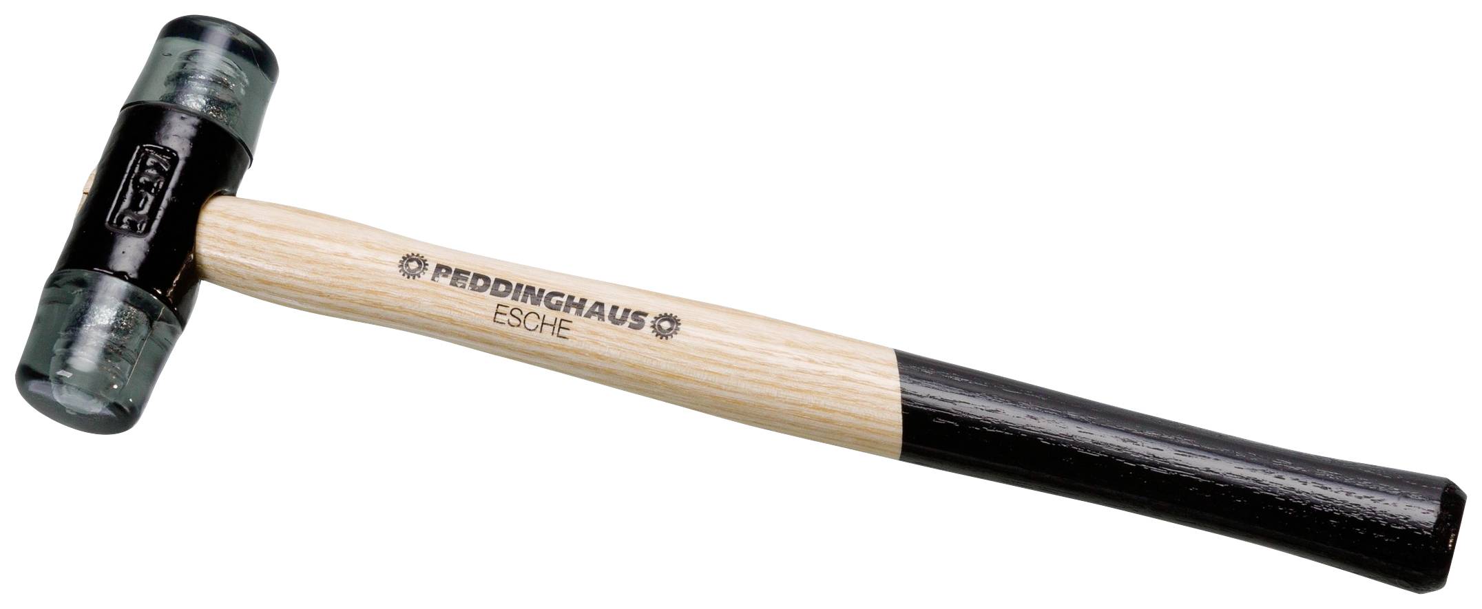Gummihammer mit einem Holzgriff, der mit 'Peddinghaus Esche' beschriftet ist. Der Kopf ist aus schwarzem und transparentem Gummi.