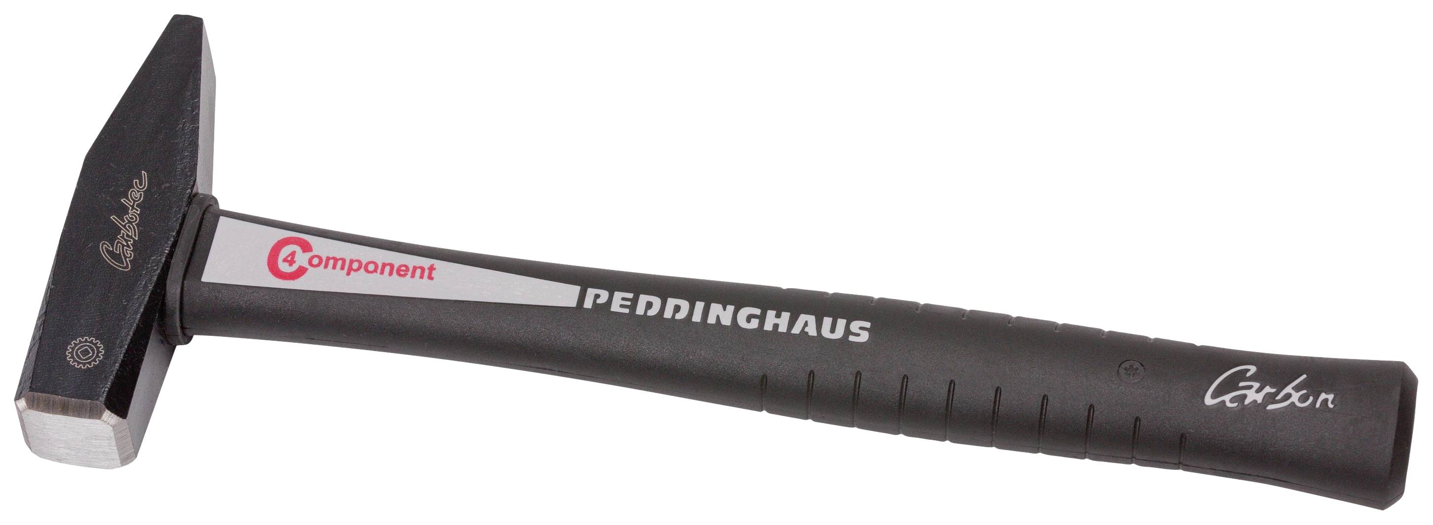 Ein schwarzer Peddinghaus-Hammer mit rotem und weißem Logo auf dem Griff liegt seitlich.