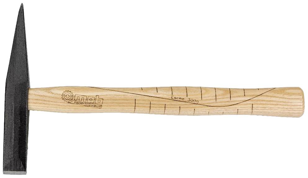Ein Geologenhammer mit spitzer Metallspitze und holzfarbigem Griff; nützlich für geologische Feldarbeiten und Gesteinsanalyse.