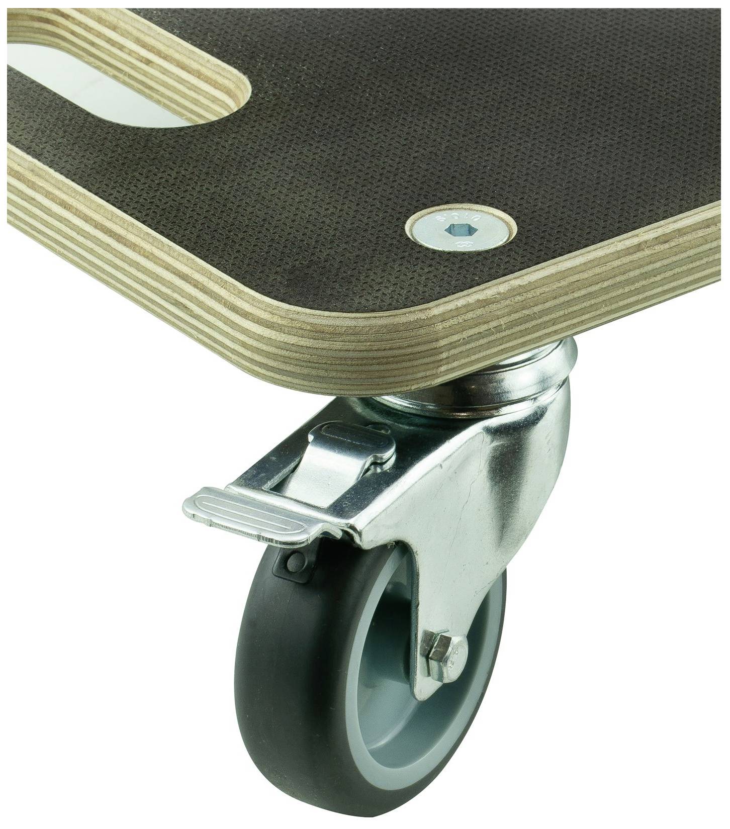 Nahaufnahme eines Rollbretts aus Holz mit einer schwarzen Oberfläche und feststellbarem Rad. Perfekt für Transportzwecke.