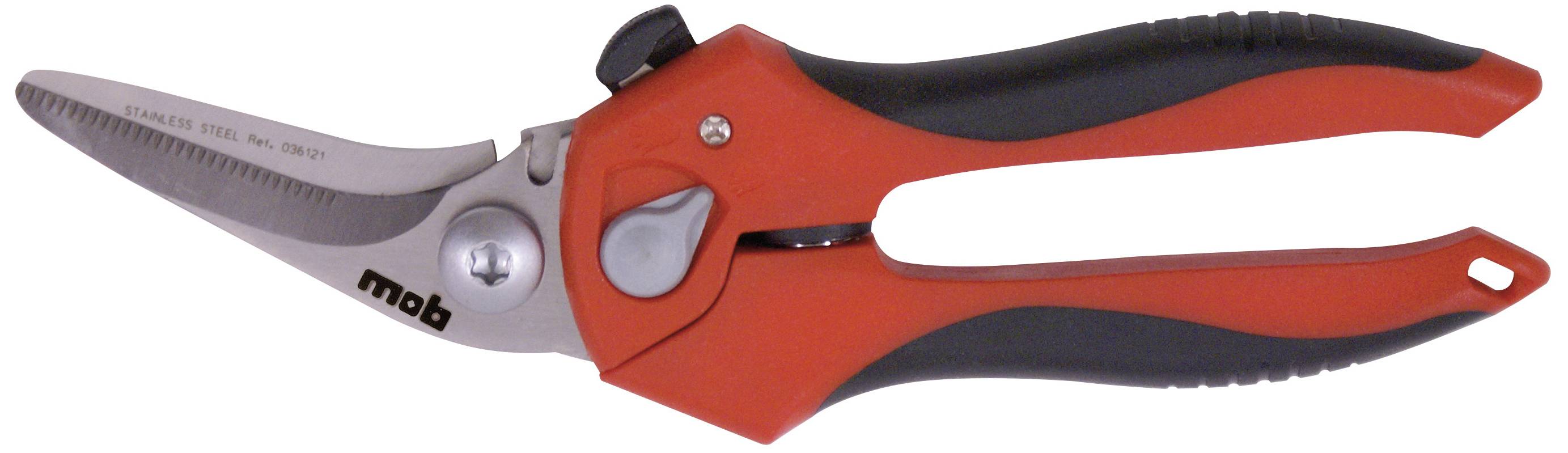 Rote und schwarze Gartenschere mit ergonomischen Griffen und gezahnter Klinge, geeignet zum Schneiden von Ästen und Blumen.