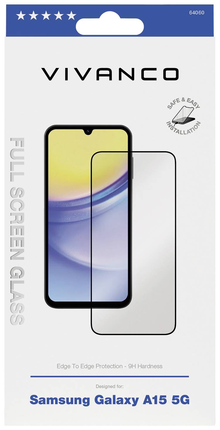VIVANCO Vollglasschutz für Samsung Galaxy A15 5G. Edge-to-edge Schutz, 9H Härte. Sicher und einfach zu installieren.