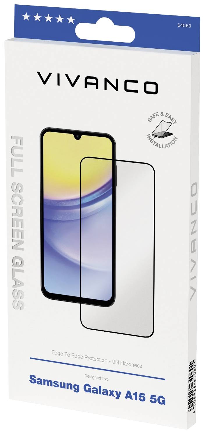 Verpackung eines Displayschutzes von Vivanco für das Samsung Galaxy A15 5G, zeigt Schutzglas und betont 