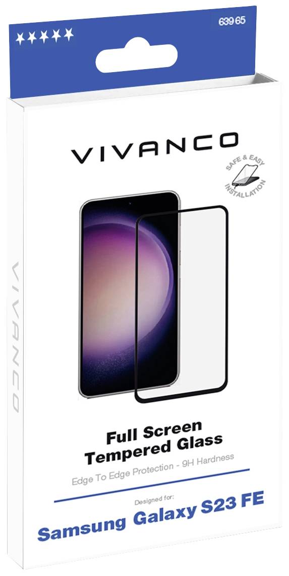 Verpackung für 'Vivanco Full Screen Tempered Glass', Schutz für Samsung Galaxy S23 FE. Zeigt Glasprodukt auf Handybild.