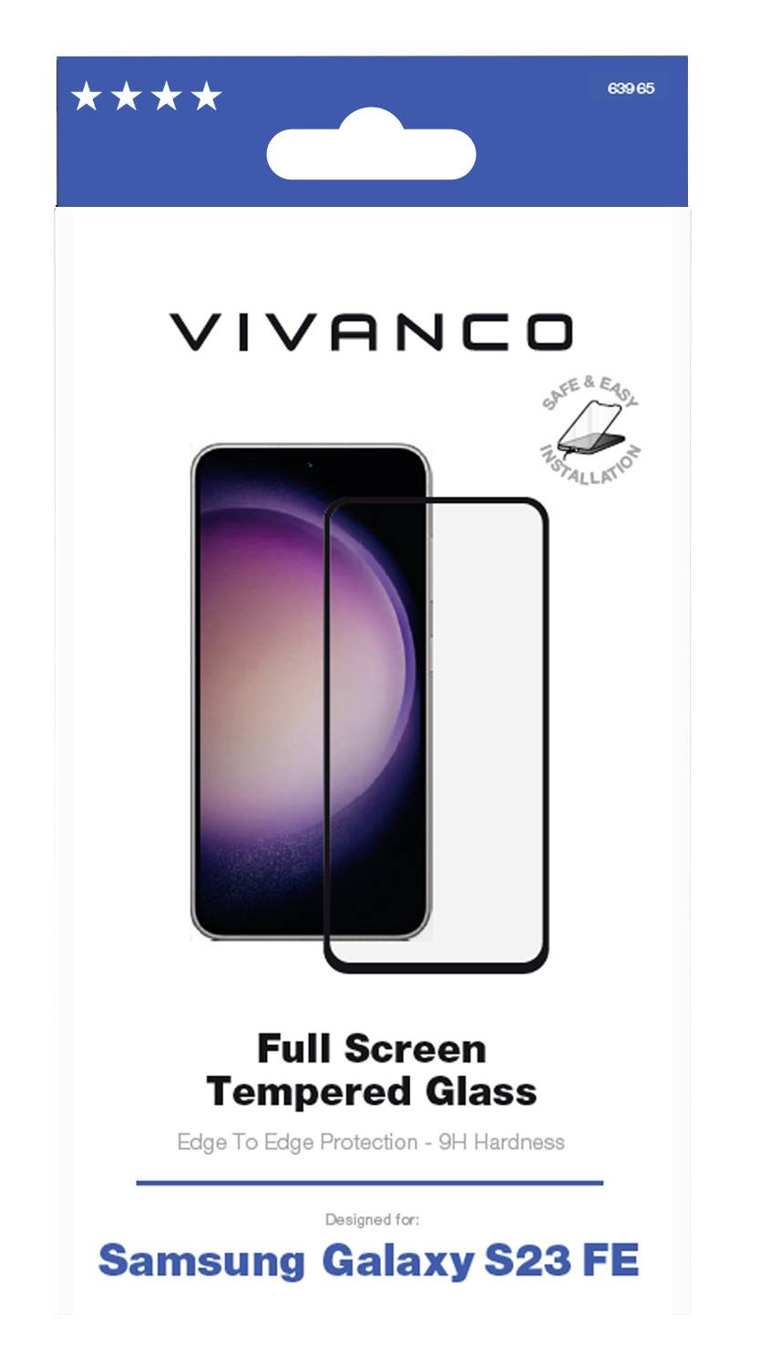 Verpackung für 'Vivanco Vollbild Panzerglas' für Samsung Galaxy S23 FE, zeigt das Schutzglas auf einem Smartphone-Bildschirm.