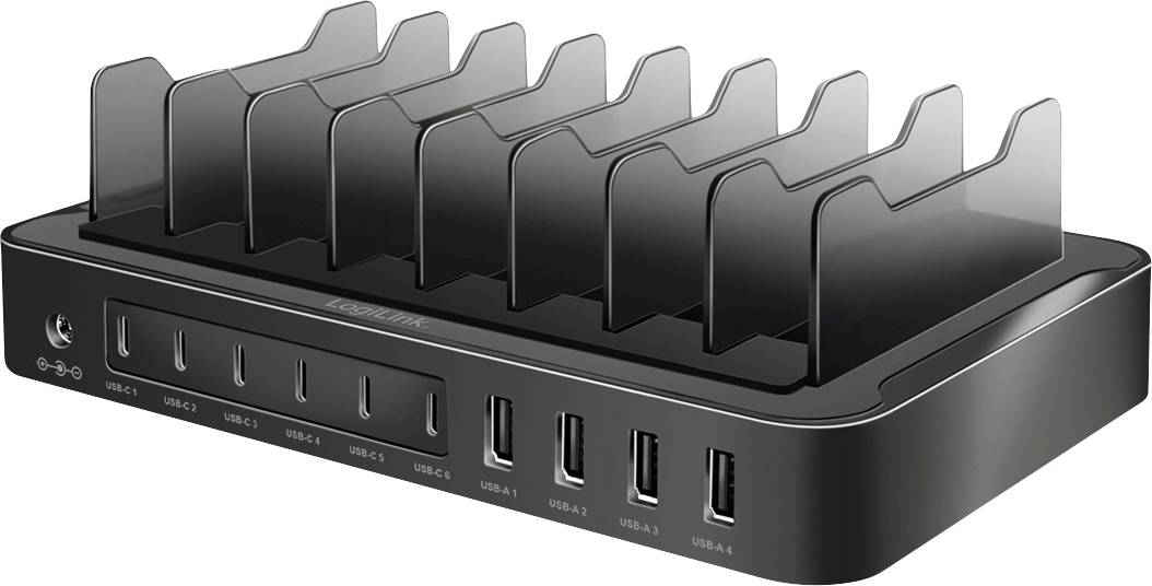 Schwarzes USB-Ladegerät mit acht Anschlüssen und mehreren transparenten Halterungen zur Organisation von Geräten während des Ladens.