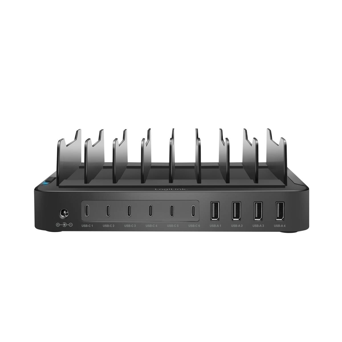 Schwarzes USB-Ladegerät mit mehreren Anschlüssen und separaten Fächern für Geräte. Ideal zum gleichzeitigen Laden mehrerer Geräte.
