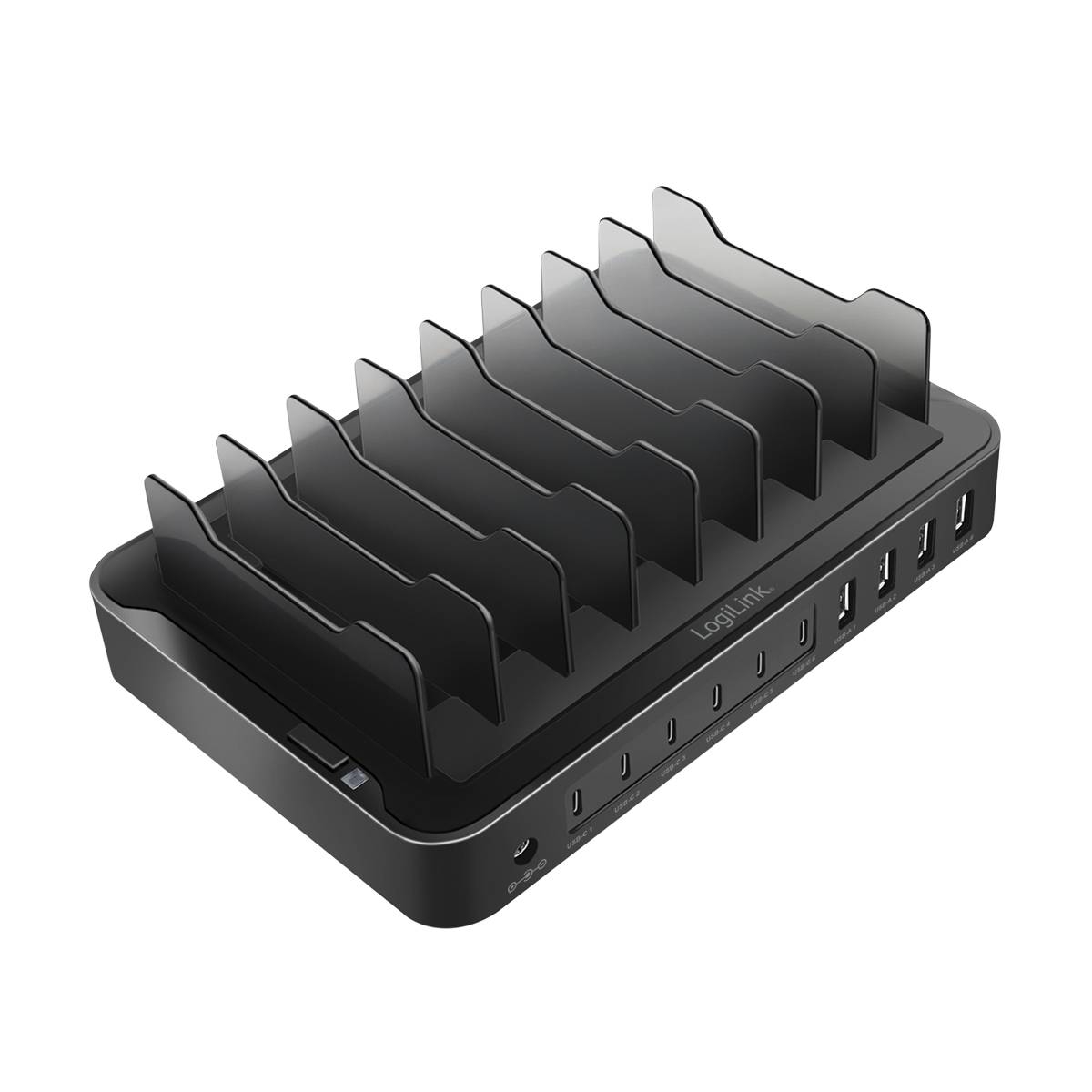 Schwarzes USB-Ladegerät mit mehreren Steckplätzen und USB-Ports, geeignet zum gleichzeitigen Laden mehrerer Geräte.