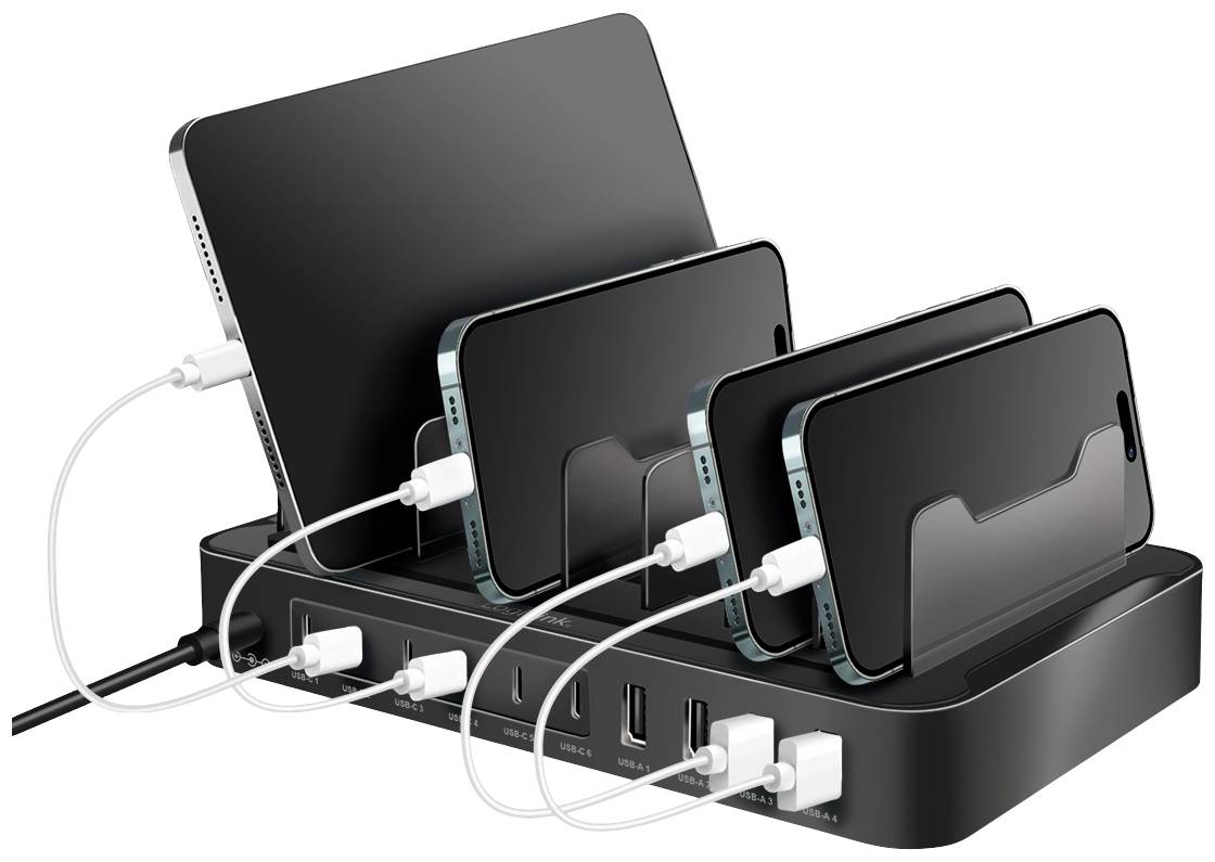 Mehrfach-Ladestation mit Tablet und vier Smartphones aufgeladen. Alle Geräte sind über Kabel verbunden und in schwarzen Halterungen gesichert.