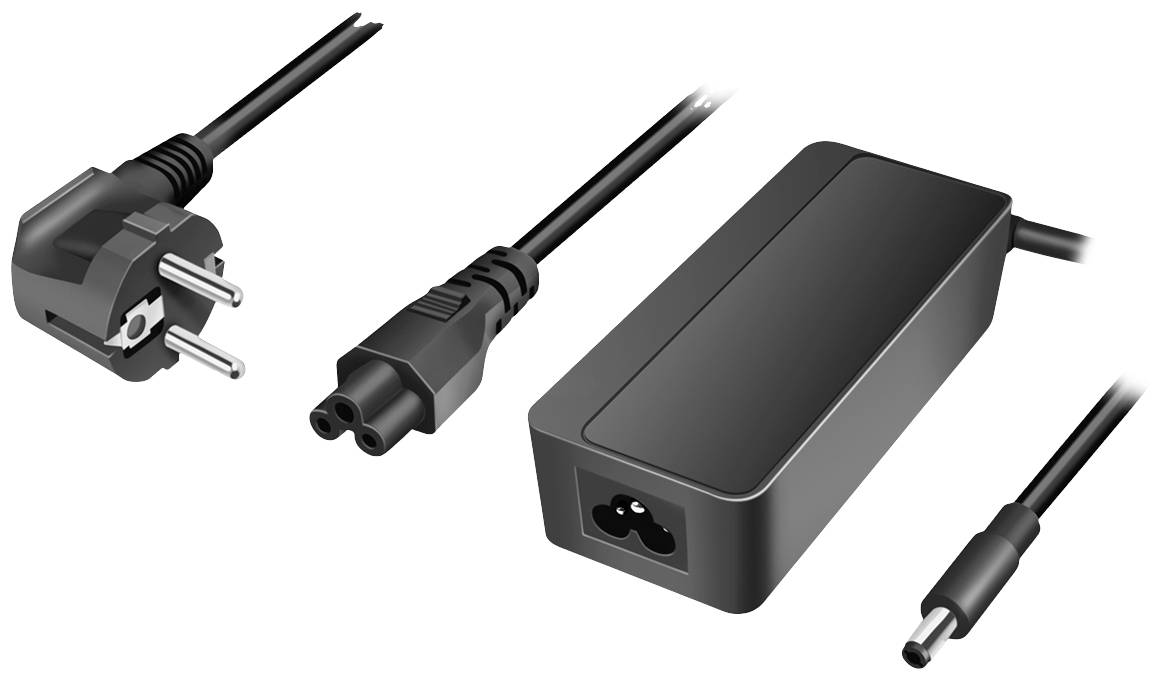 Netzteil mit Kabelanschlüssen für Laptop. Links ein Schuko-Stecker, in der Mitte das Netzkabel und rechts der DC-Anschluss.