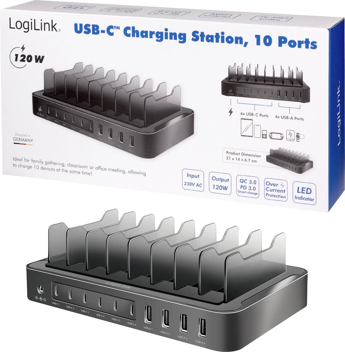 'USB-C Charging Station, 10 Ports, 120W' steht auf der Verpackung einer Ladestation mit zehn Anschlüssen, geeignet für Büro oder zu Hause.