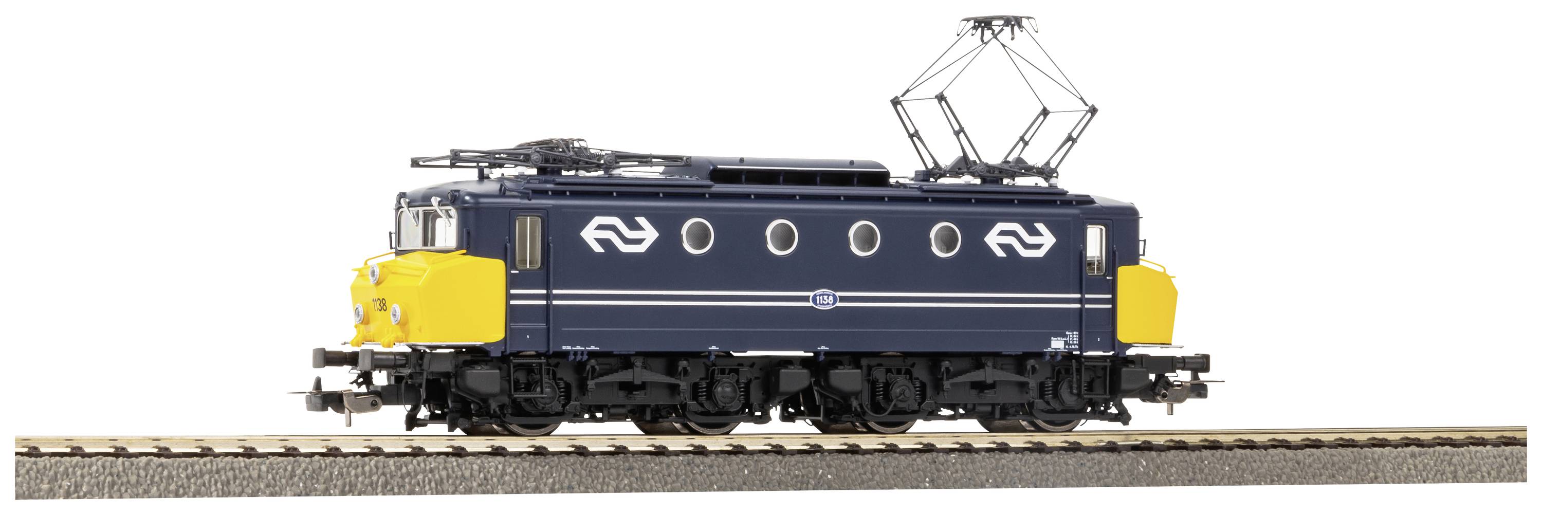 Modell einer blauen Elektrolokomotive auf einem Gleis, mit gelben Enden und einem zentral platzierten Stromabnehmer.