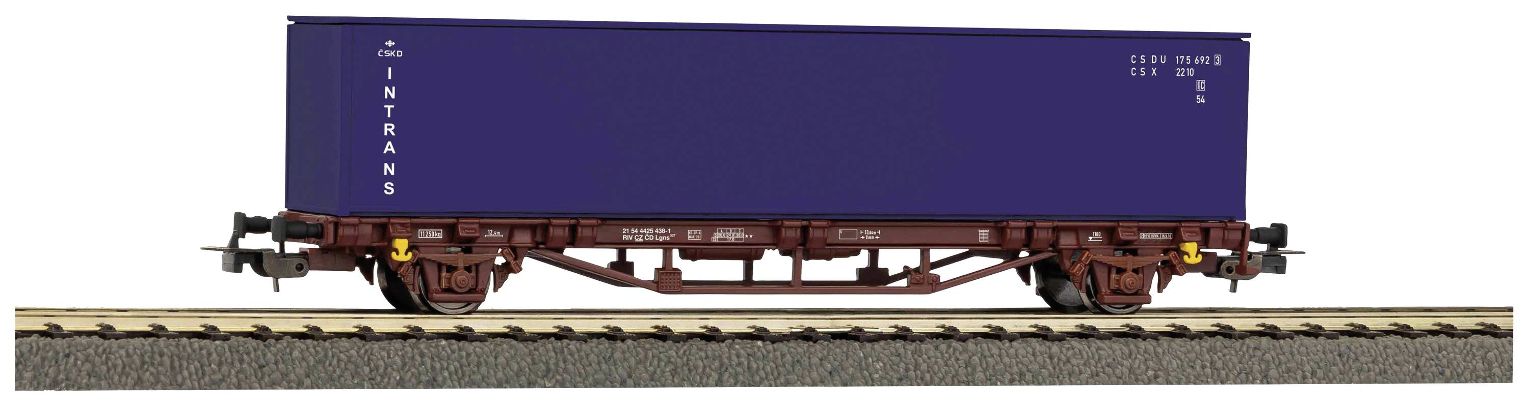 Ein dunkelblauer Güterbahncontainer mit der Aufschrift 'INTRANS' auf einem Schienenwaggon.