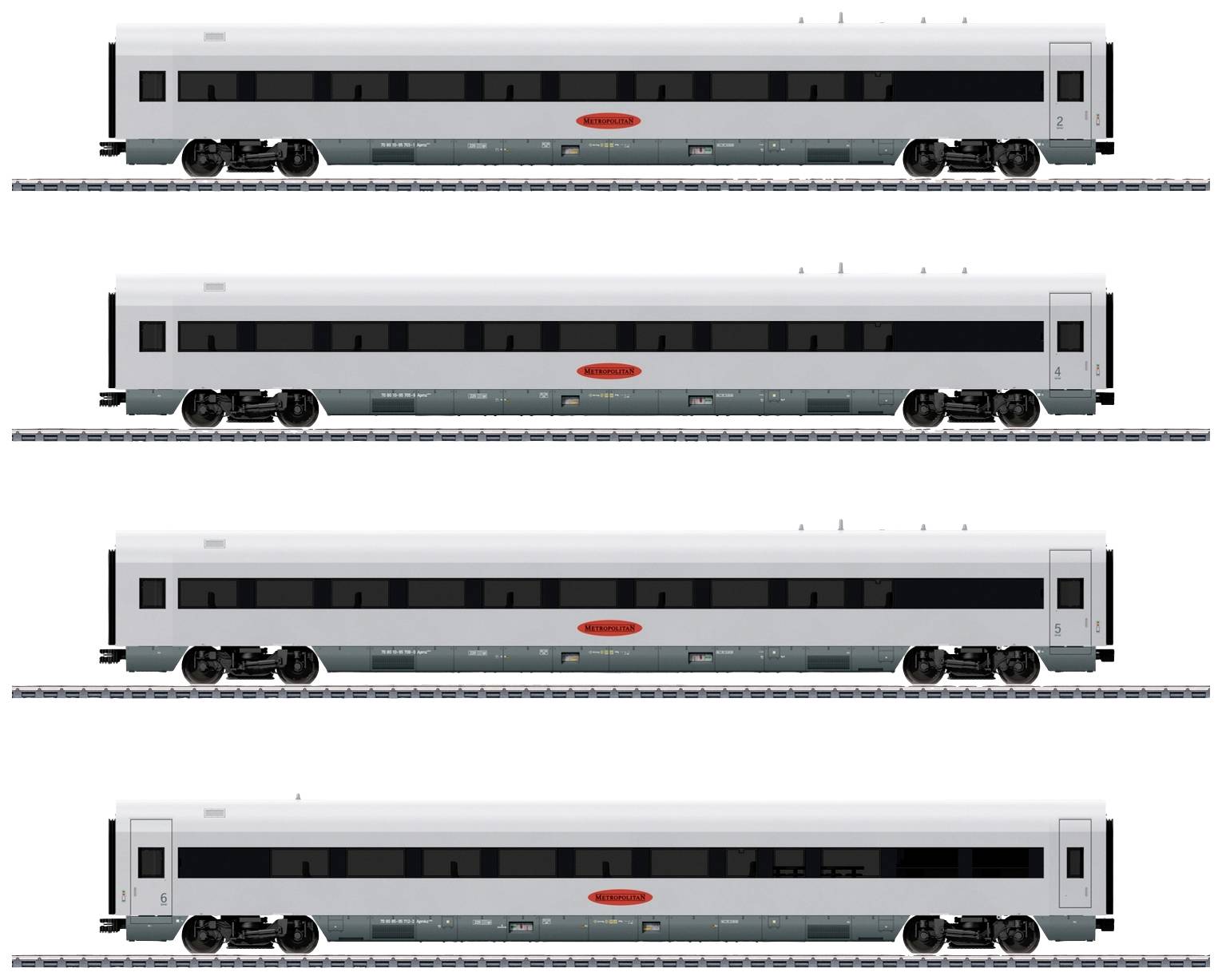 Vier weiße Züge in einer Reihe auf Schienen. Jeder Zug hat ein langes, schlankes Design mit schwarzen Fenstern und einem roten Logo.