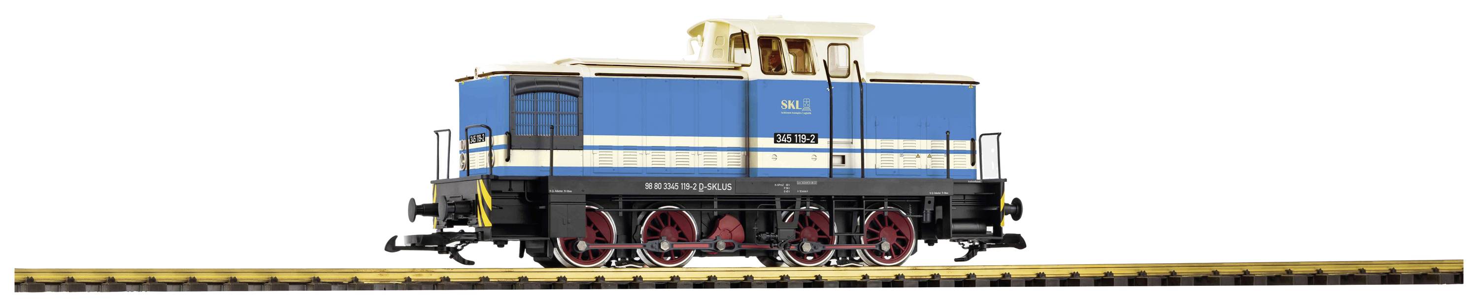 Ein blau-weißer Modellzug mit schwarzen und roten Rädern steht auf einem Gleis, seitliche Ansicht.