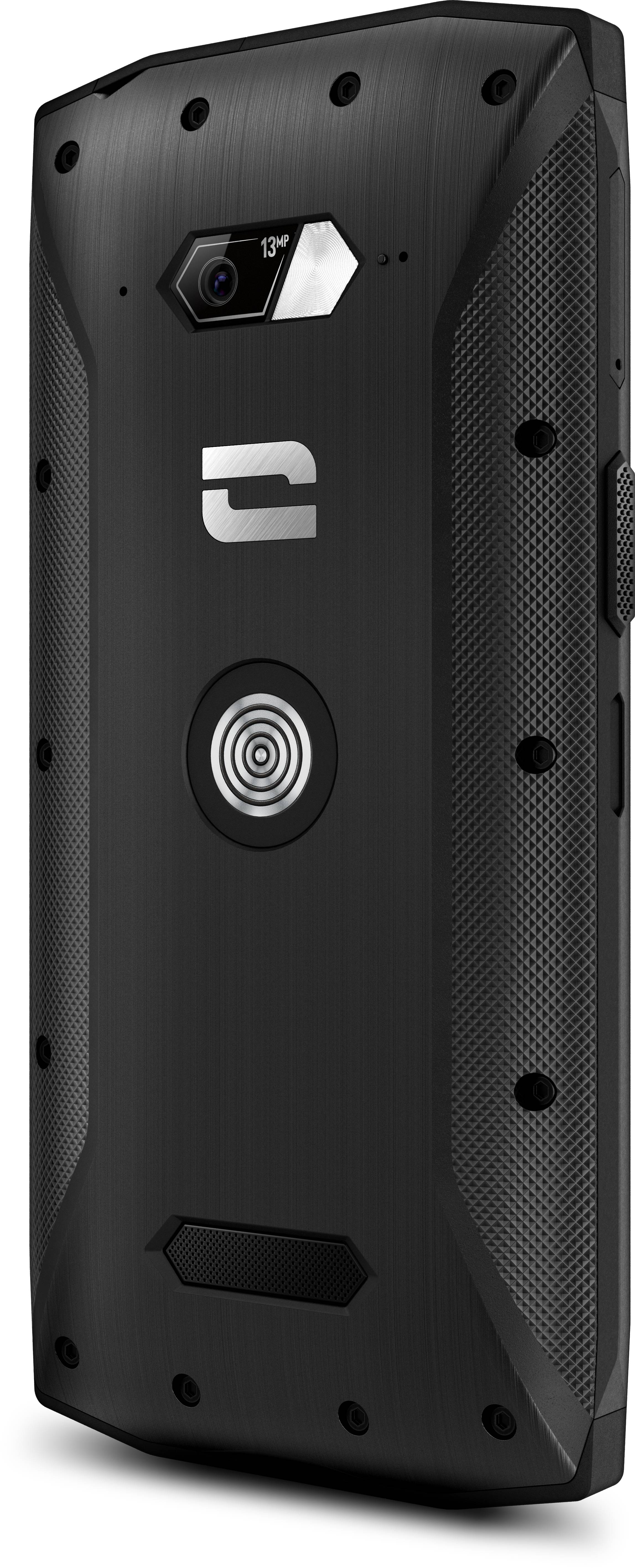 Ein robustes schwarzes Smartphone mit einer Kameralinse und markantem Logo auf der Rückseite, geeignet für den Einsatz in rauen Umgebungen.