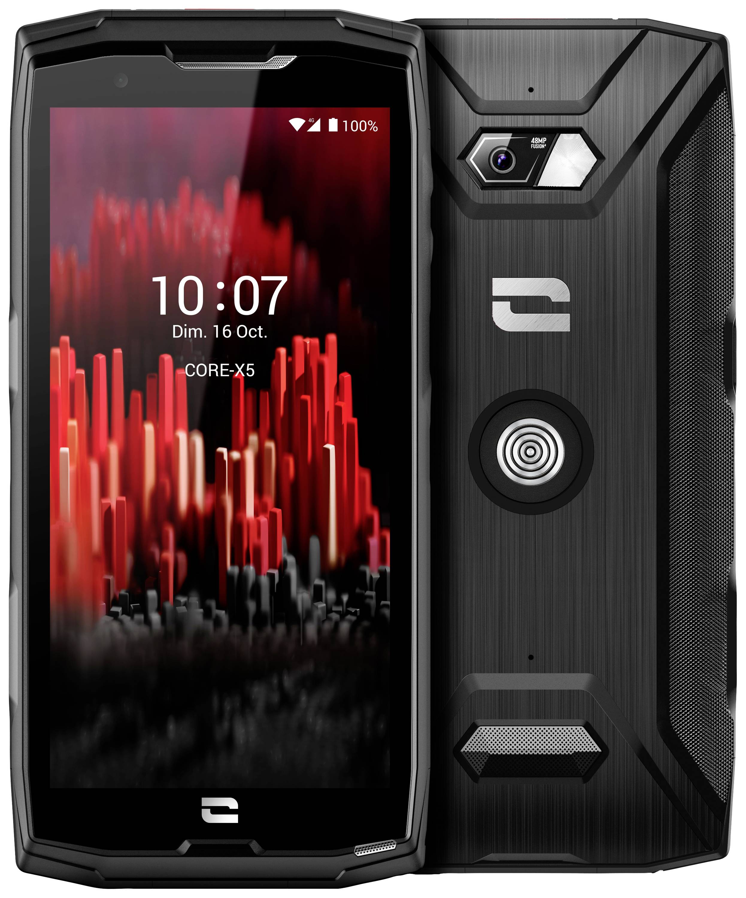 Ein robustes Smartphone mit schwarzem Gehäuse und einem Display, das Stadt-Skyline-Grafiken anzeigt. Datum auf dem Bildschirm: '16. Okt.'