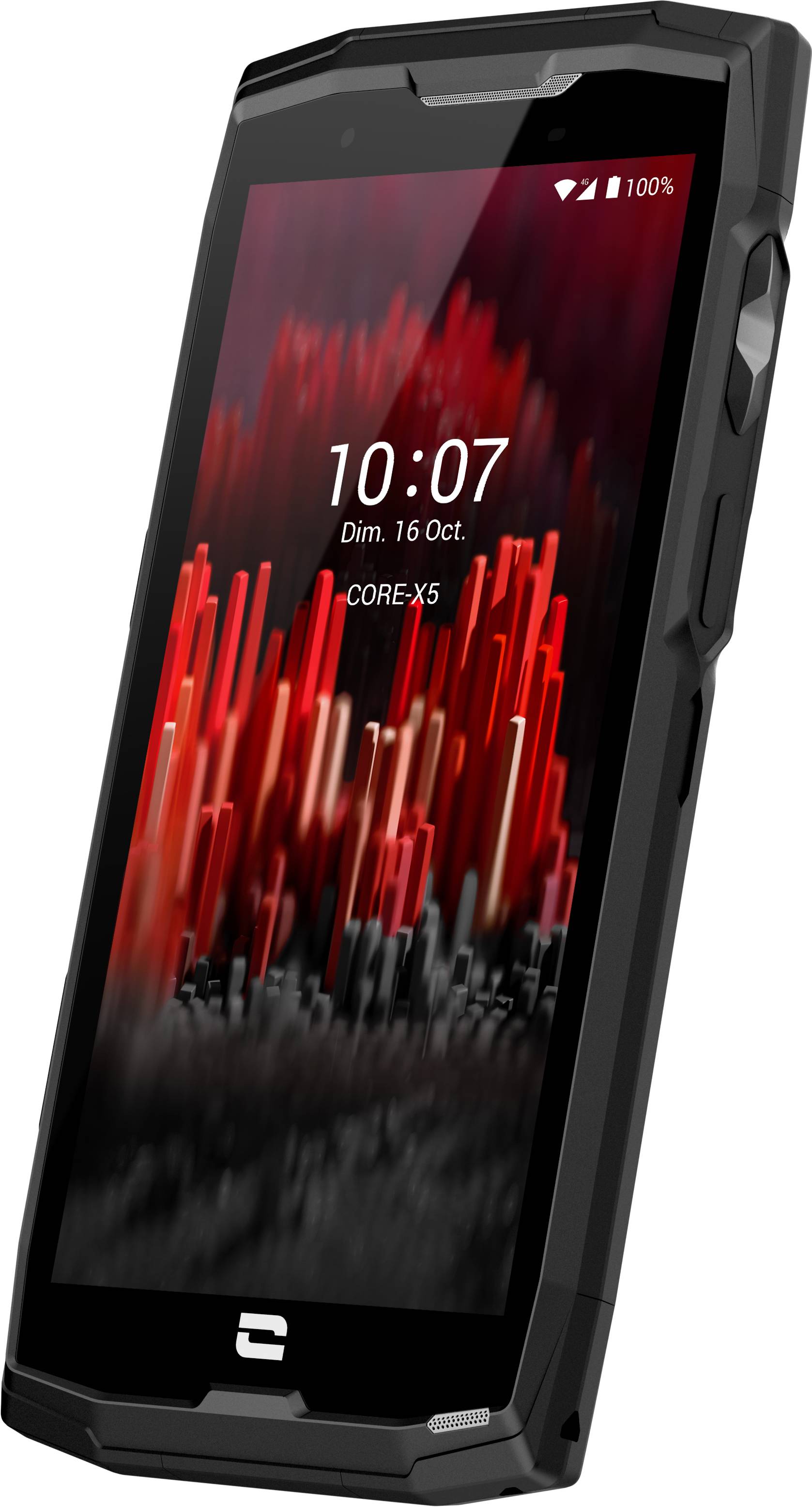 Ein schwarzes Smartphone mit einem robusten Gehäuse, auf dem Bildschirm zeigt es Datum und Uhrzeit: 'Dim. 16 Oct.' und 10:07 Uhr.