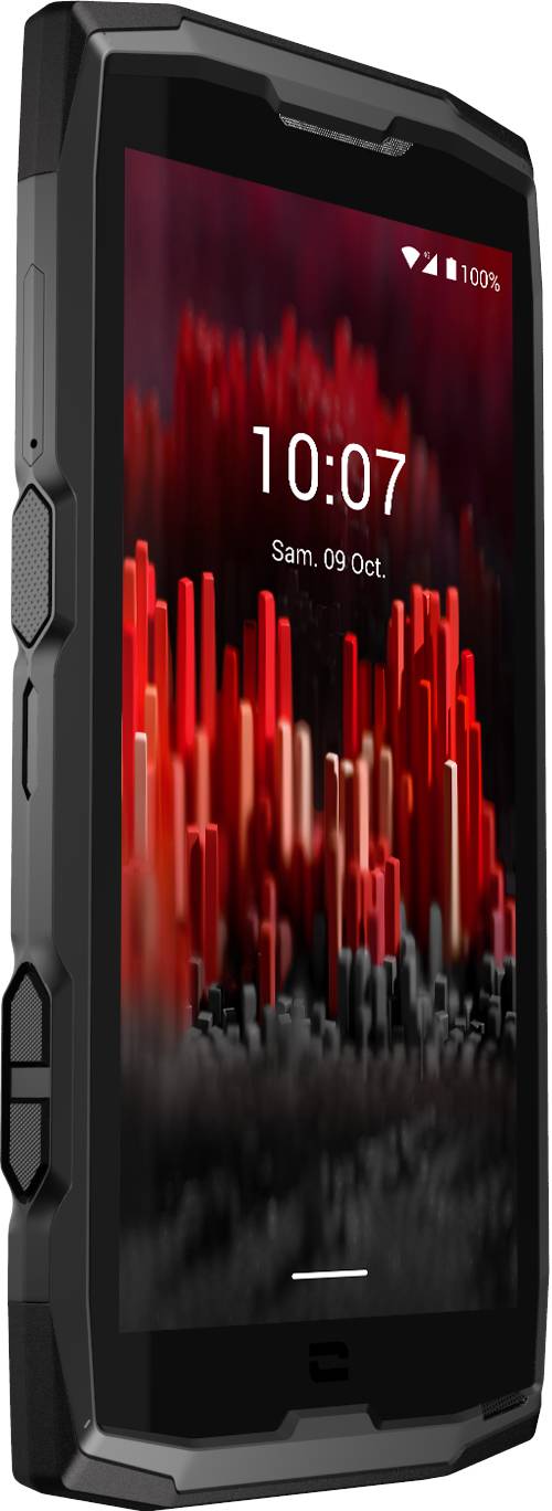 Ein robustes Smartphone mit schwarzem Gehäuse zeigt den Startbildschirm mit rotem Hintergrund, Uhrzeit 10:07 und Datum 9. Oktober.