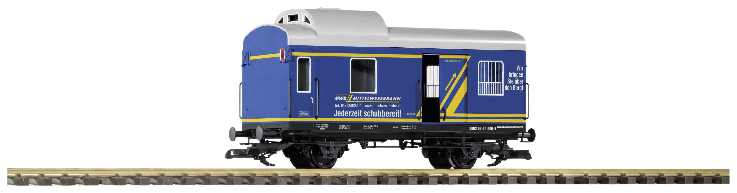 Ein blauer Modellzugwaggon mit gelben Streifen steht auf einem Gleis. Aufschrift: 'Interrent rollt an'.