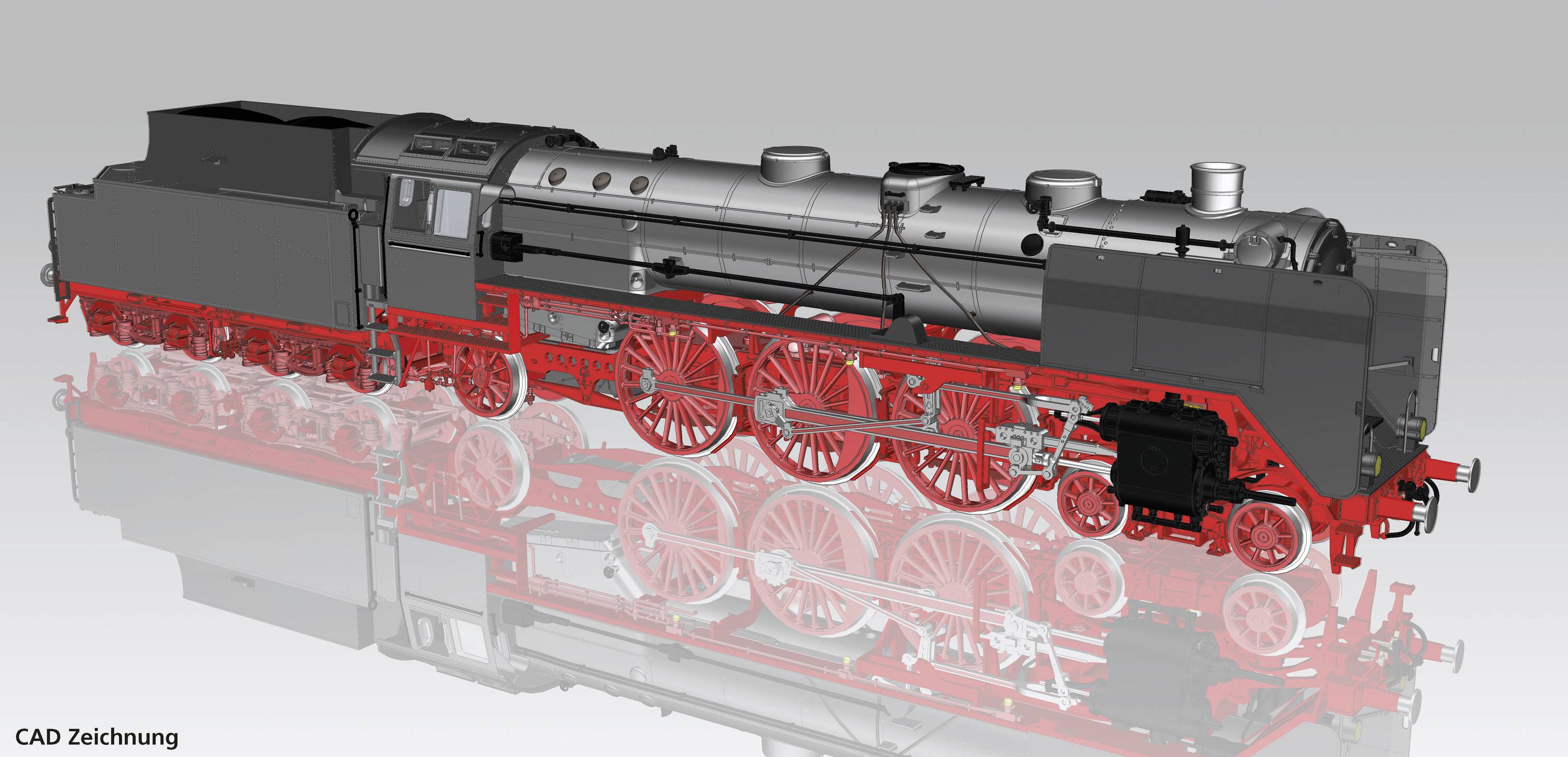 Eine CAD-Zeichnung einer historischen Dampflokomotive mit roten Rädern und schwarzem Kessel, die auf einem spiegelnden Untergrund steht.