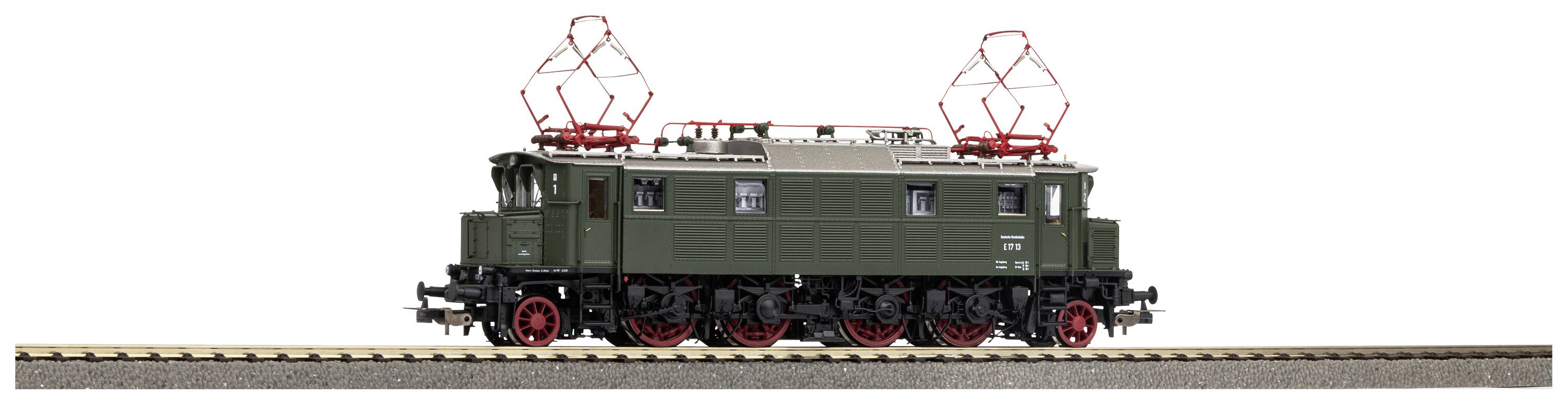 Altes Modell einer grünen elektrischen Lokomotive mit rotem Gestänge und pantografischen Stromabnehmern auf einem Modellbahngleis.