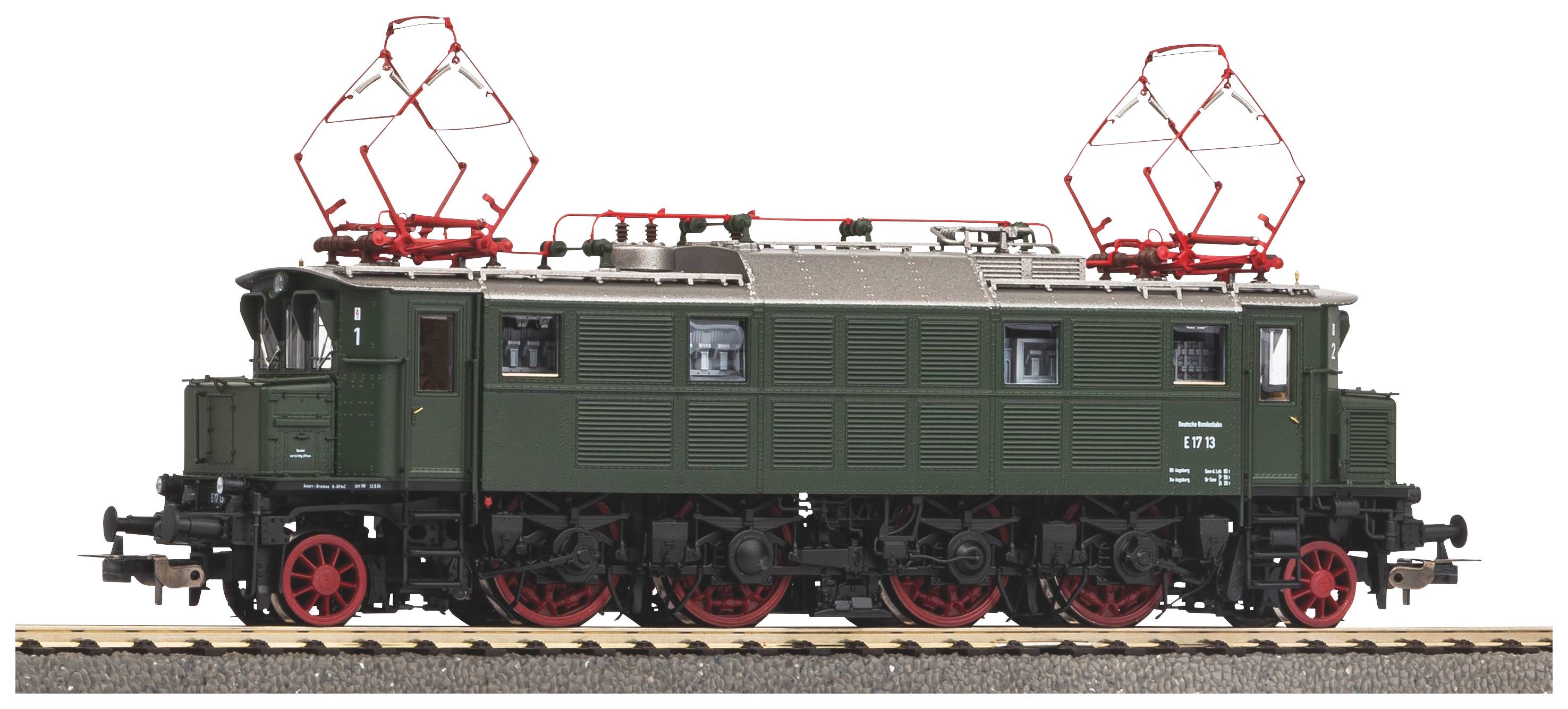 Ein grünes Modell einer historischen Elektrolokomotive auf Gleisen, gekennzeichnet mit 'E 70'.