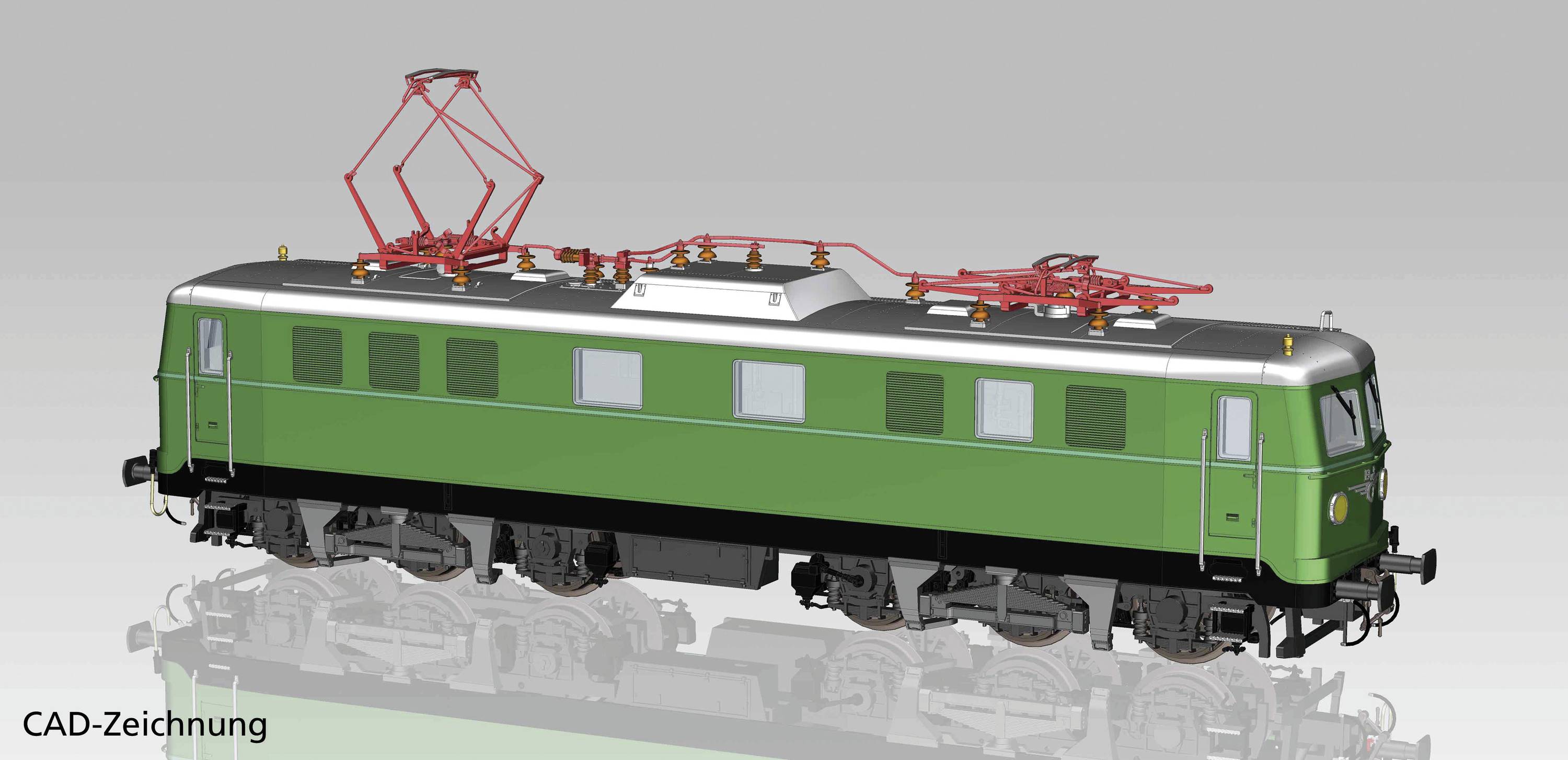 CAD-Zeichnung einer grünen elektrischen Lokomotive mit roten Stromabnehmern und schwarzen Rädern vor grauem Hintergrund.