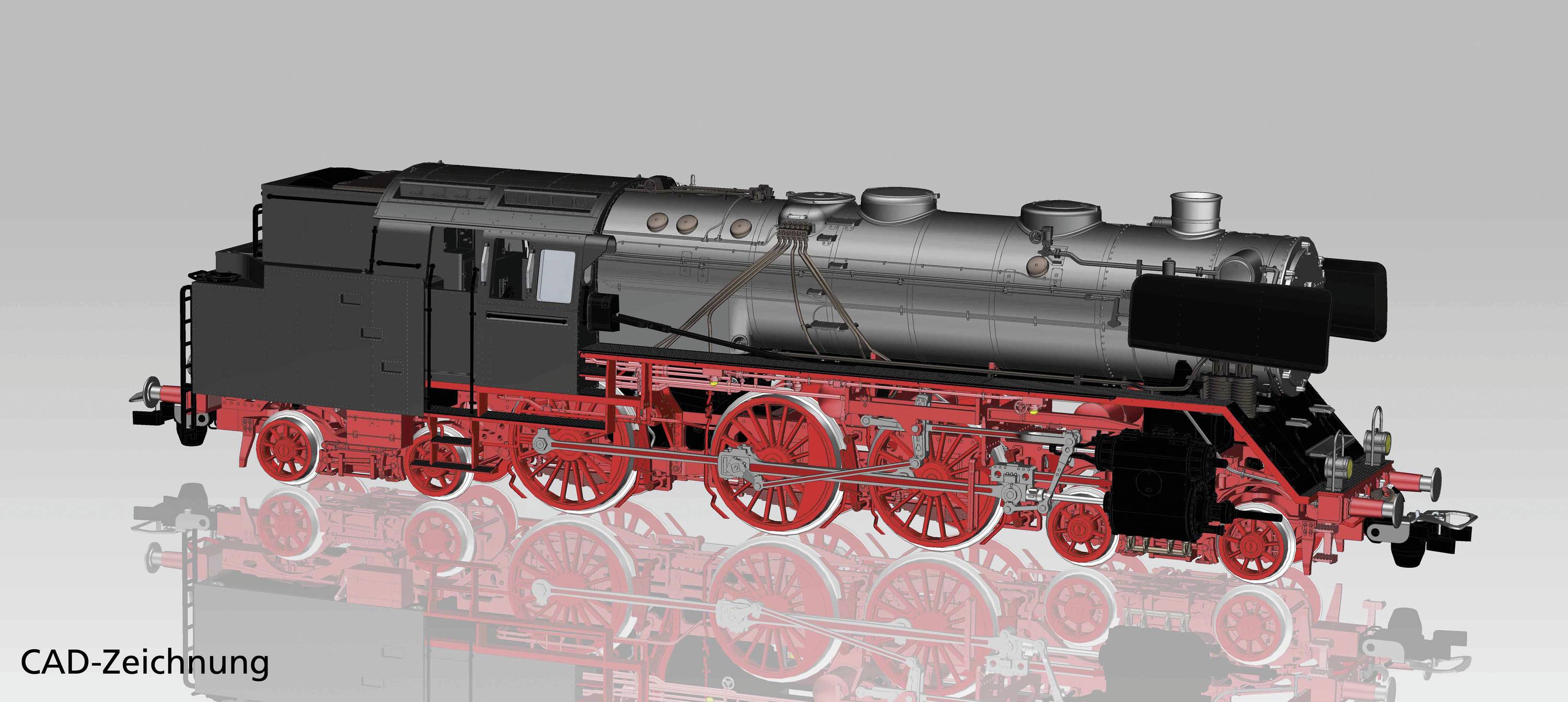 Eine detaillierte CAD-Zeichnung einer Dampflokomotive, seitliche Ansicht, zeigt komplexe technische Strukturen und Komponenten.