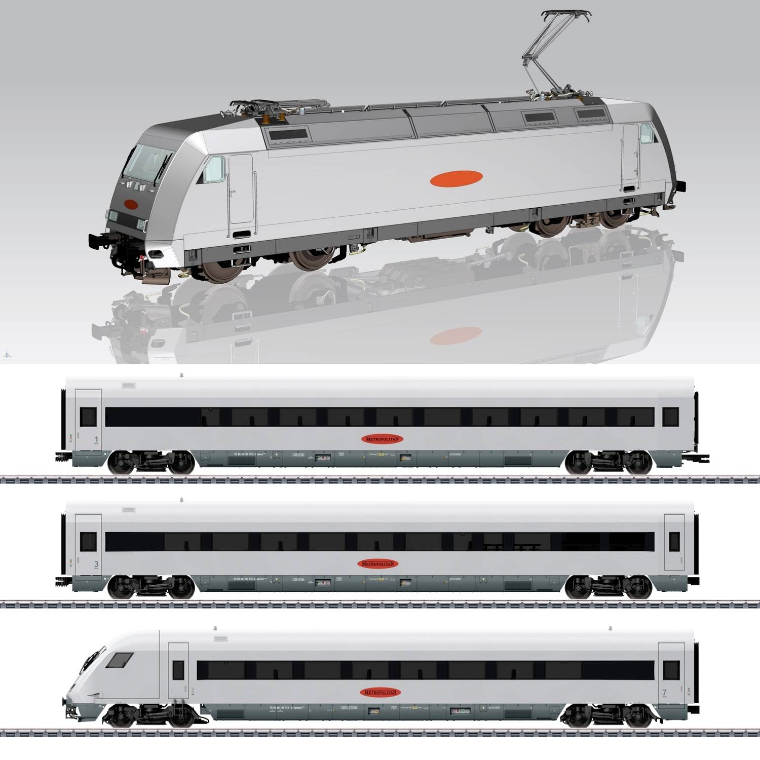 Ein modernes, silbernes Modell eines Zuges mit drei Waggons. Der Zug ist auf einem Gleis und hat ein rotes Logo auf jedem Waggon.