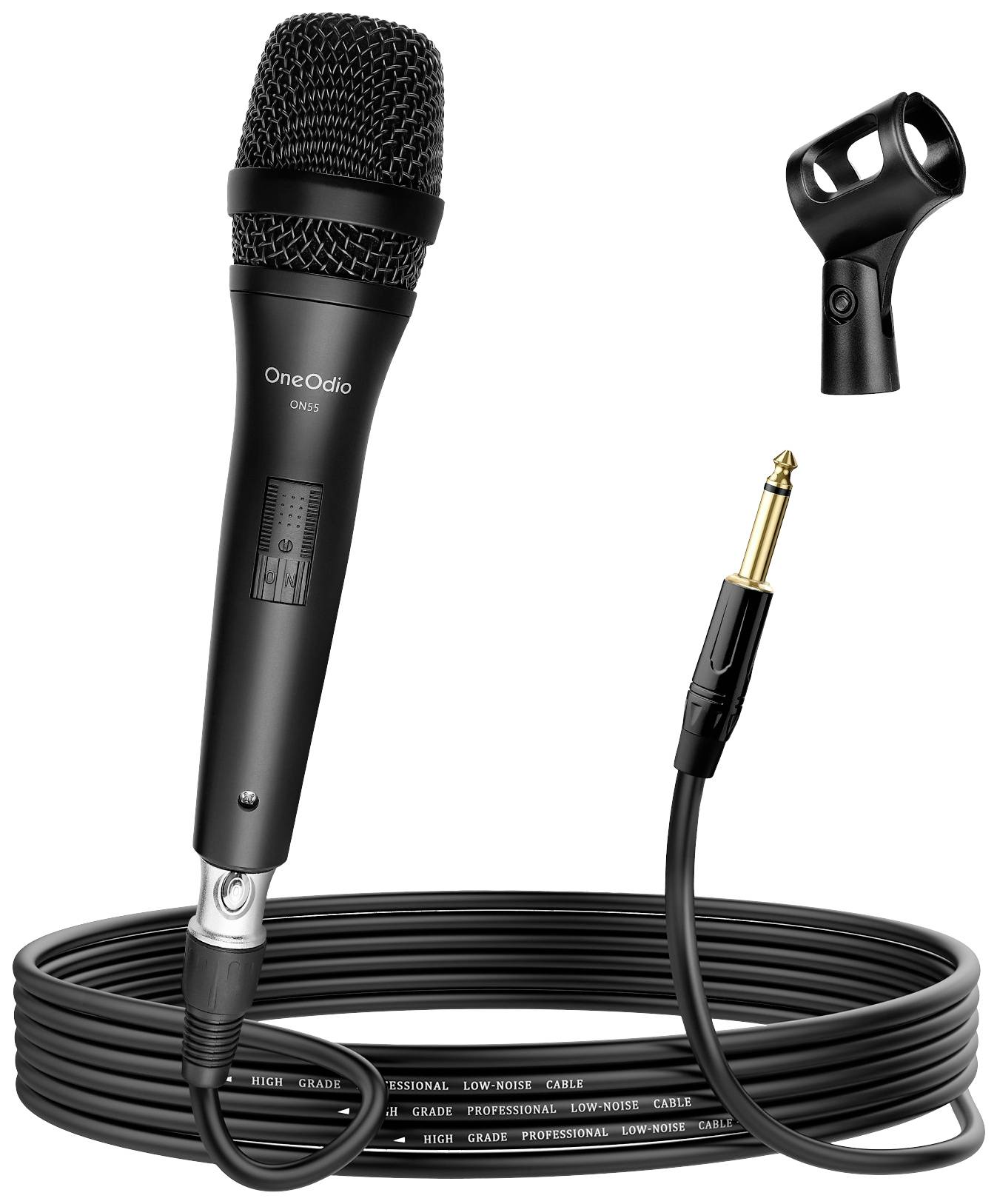 Schwarzes Kabelmikrofon mit abnehmbarem Kabel und Halterung. Es eignet sich für professionelle Audioaufnahmen, Konzerte und Präsentationen.