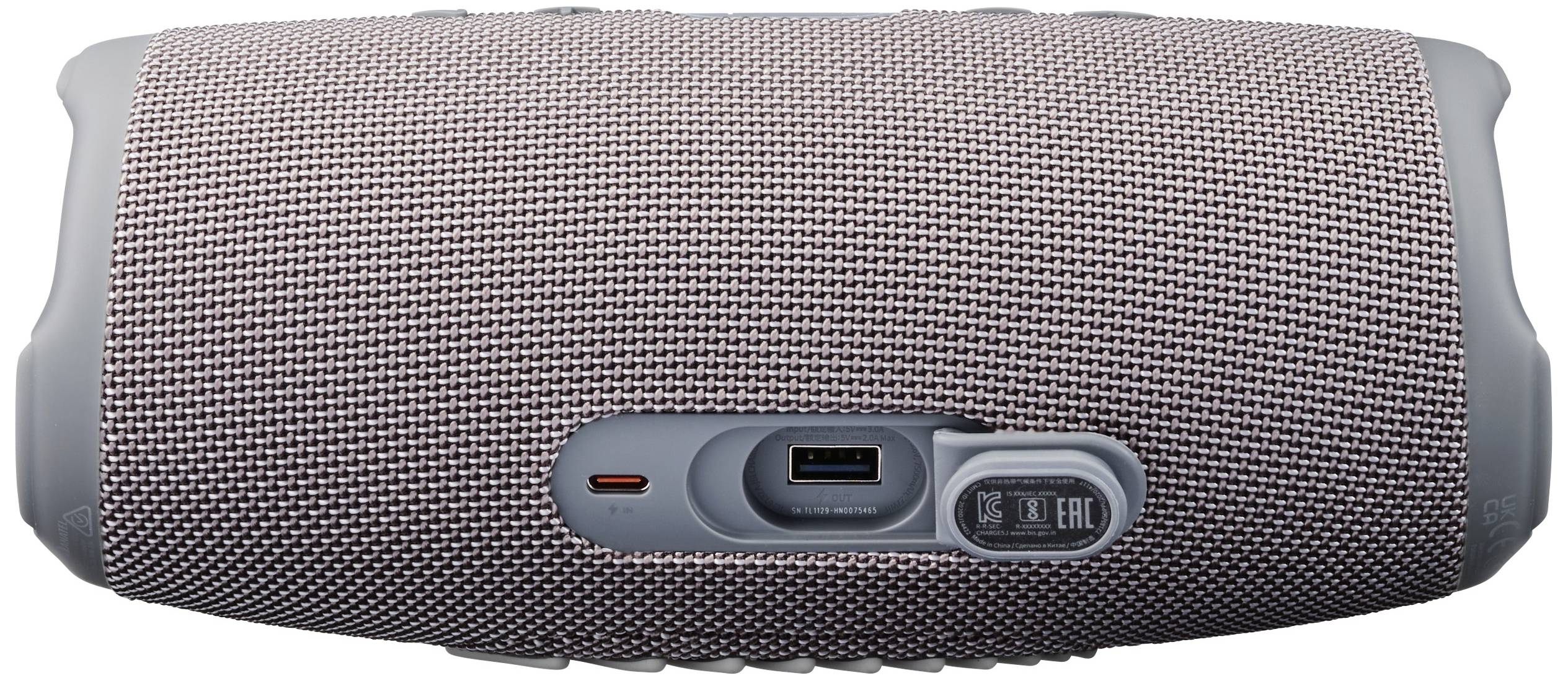 Tragbarer Bluetooth-Lautsprecher in Grau mit USB-Ladeanschluss und Kontrollleuchten auf der Vorderseite. Ideal für mobilen Sound.