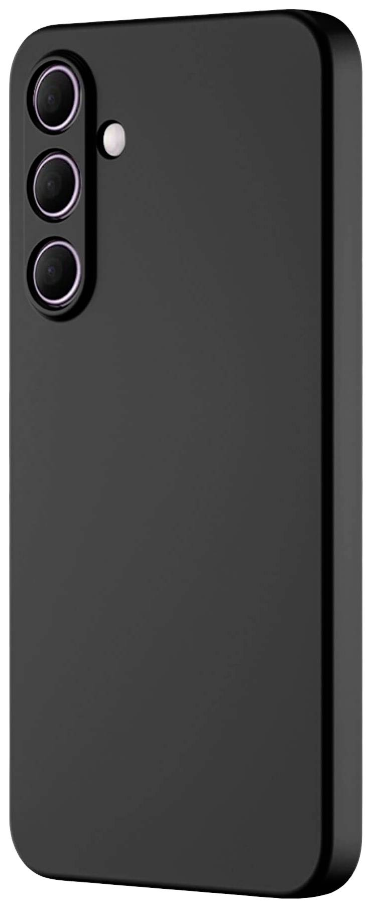 Ein schwarzes Smartphone mit drei Kameralinsen und einem Blitz auf der Rückseite.