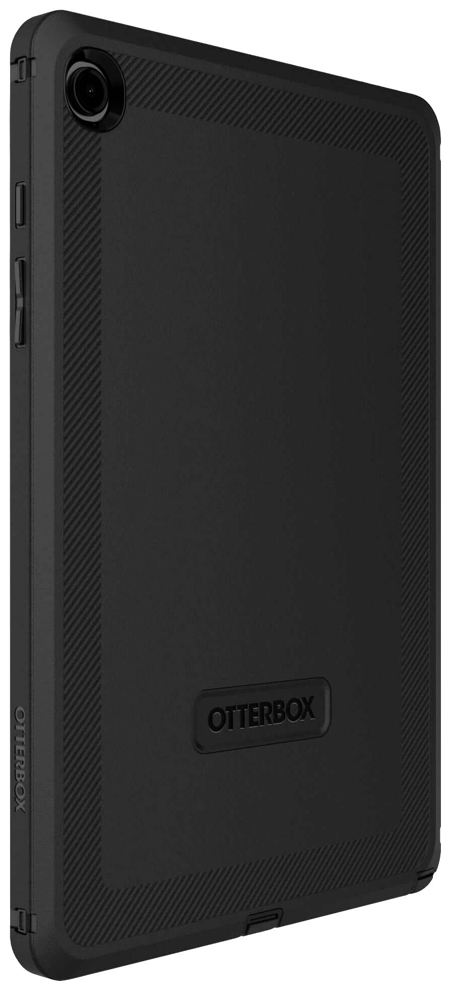 Schwarzes OtterBox-Tablet-Case in vertikaler Position, zeigt Kameraausschnitt oben links und strukturiertes Design.